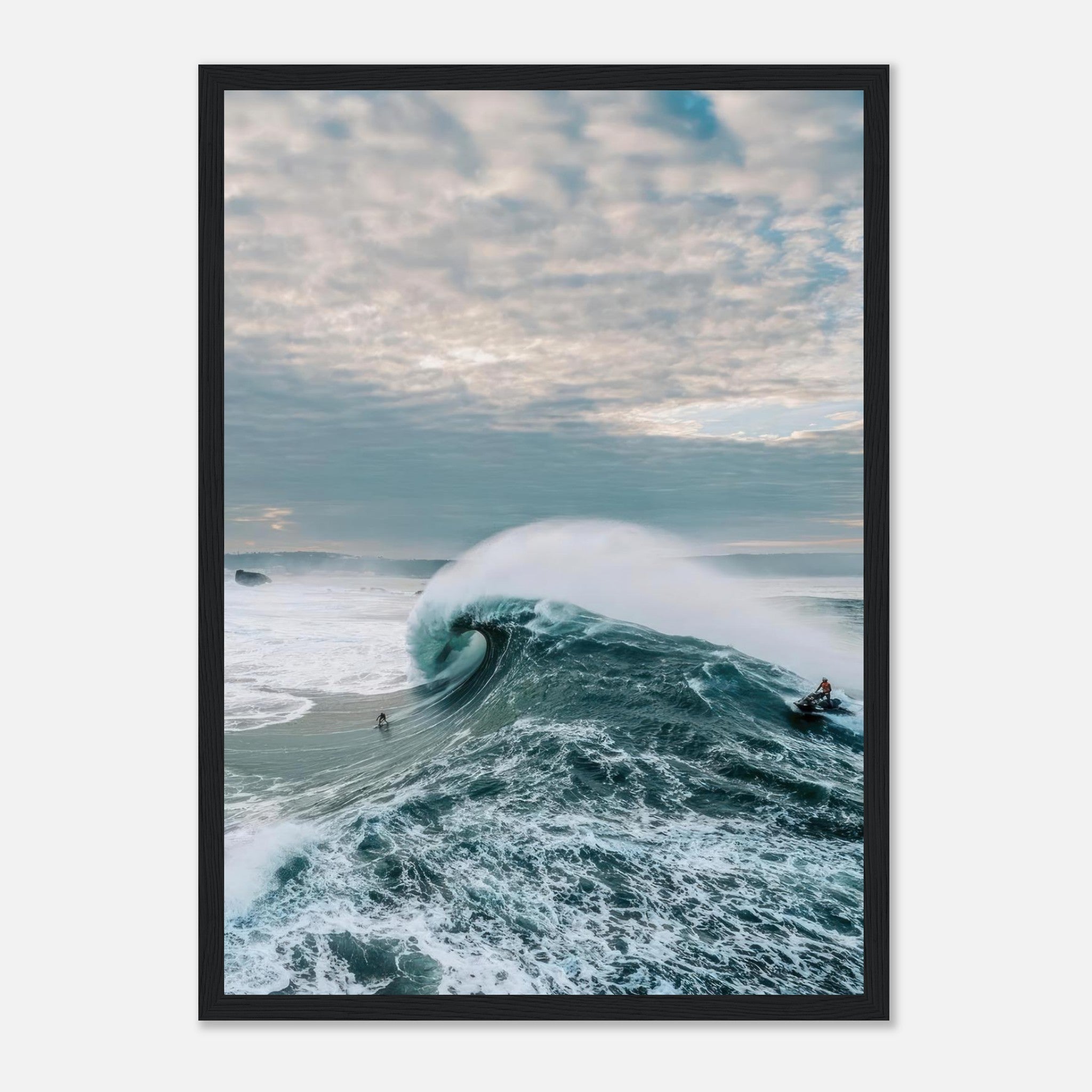 Big Wave Surfing Framed Print showcasing a surfer riding a massive wave under a dramatic sky.