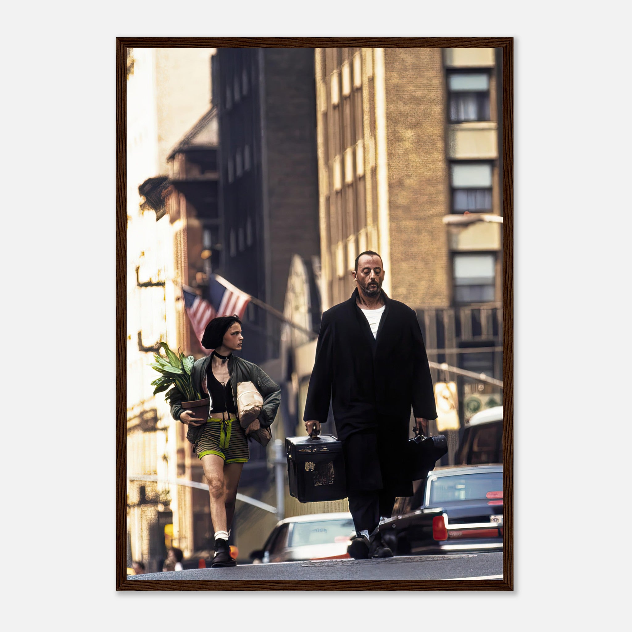 Jean Reno and Natalie Portman in Leon framed print, capturing iconic cinematic moment of a hitman and young girl.