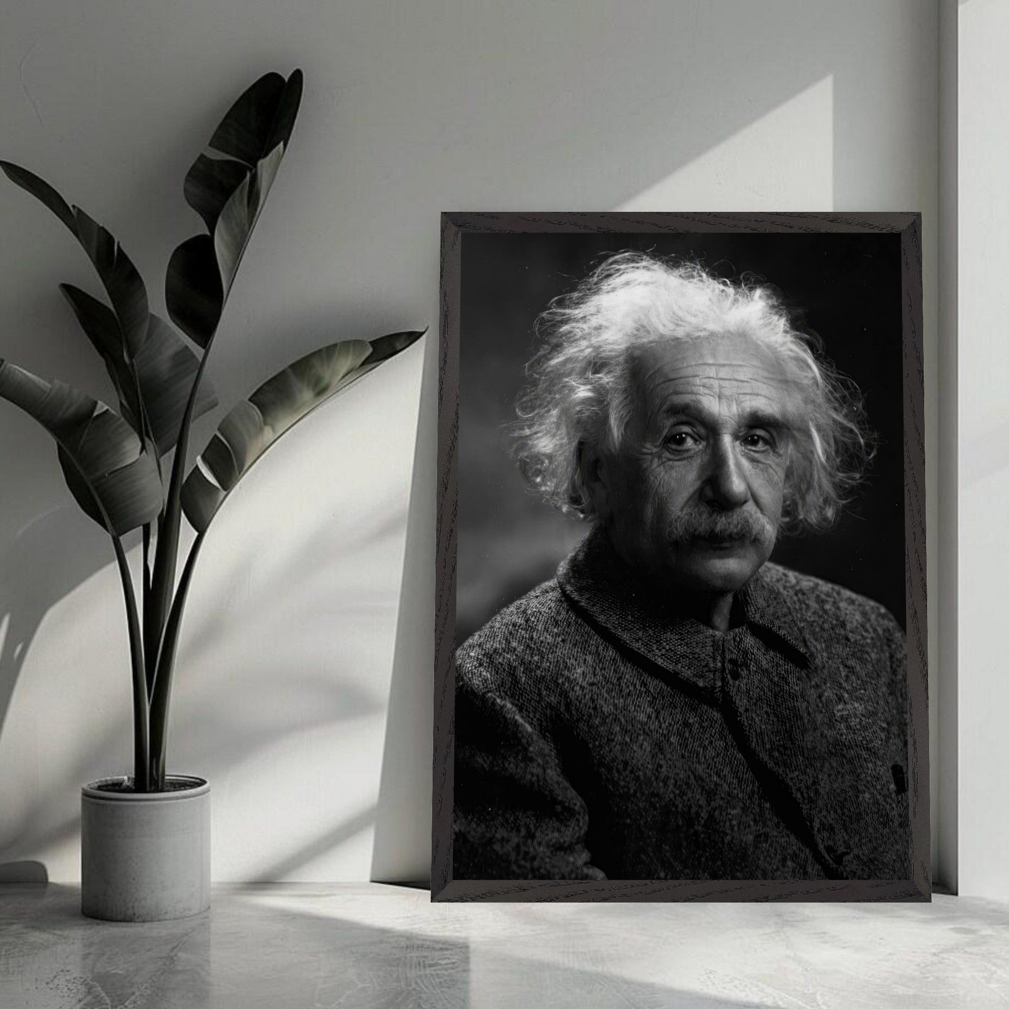 Museum-quality black-and-white portrait of Albert Einstein, showcasing his expressive features and artistic details.