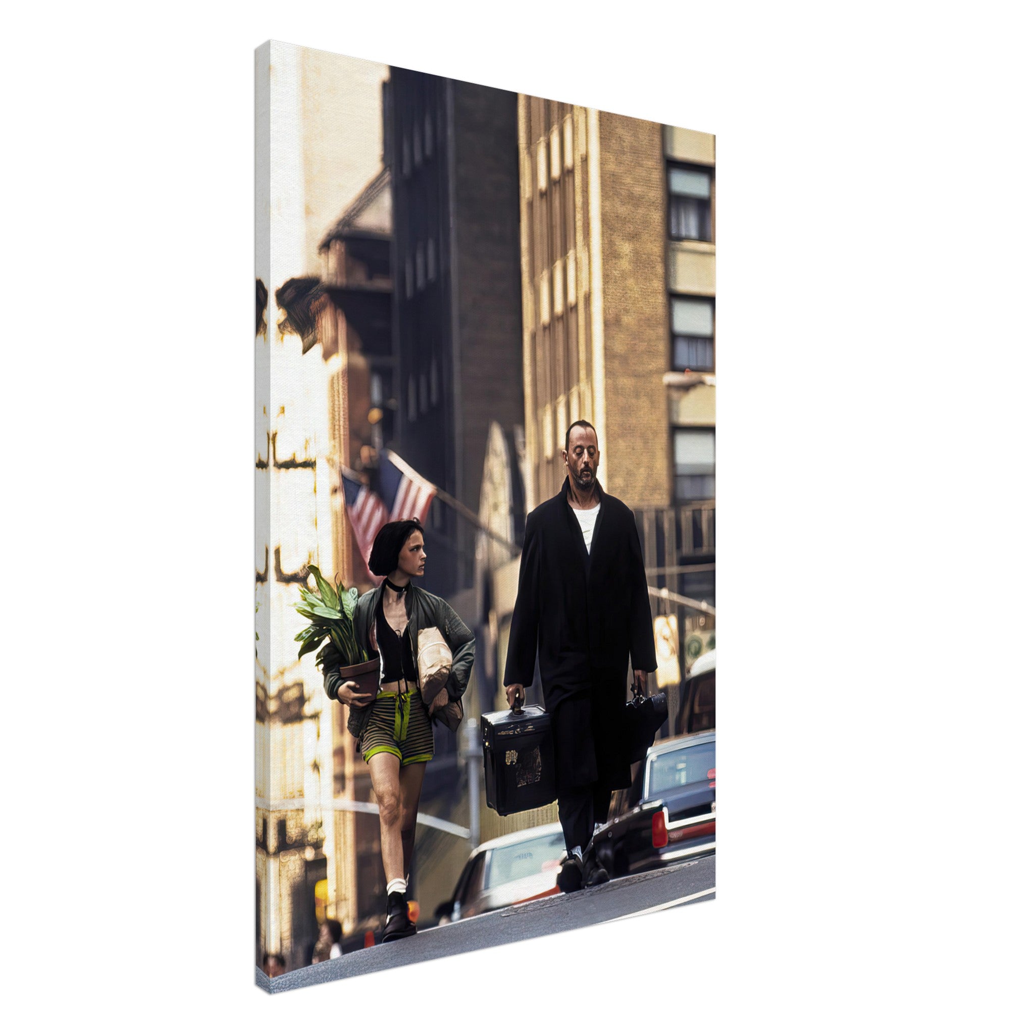 Jean Reno and Natalie Portman in iconic scene from Leon walking through a city street.