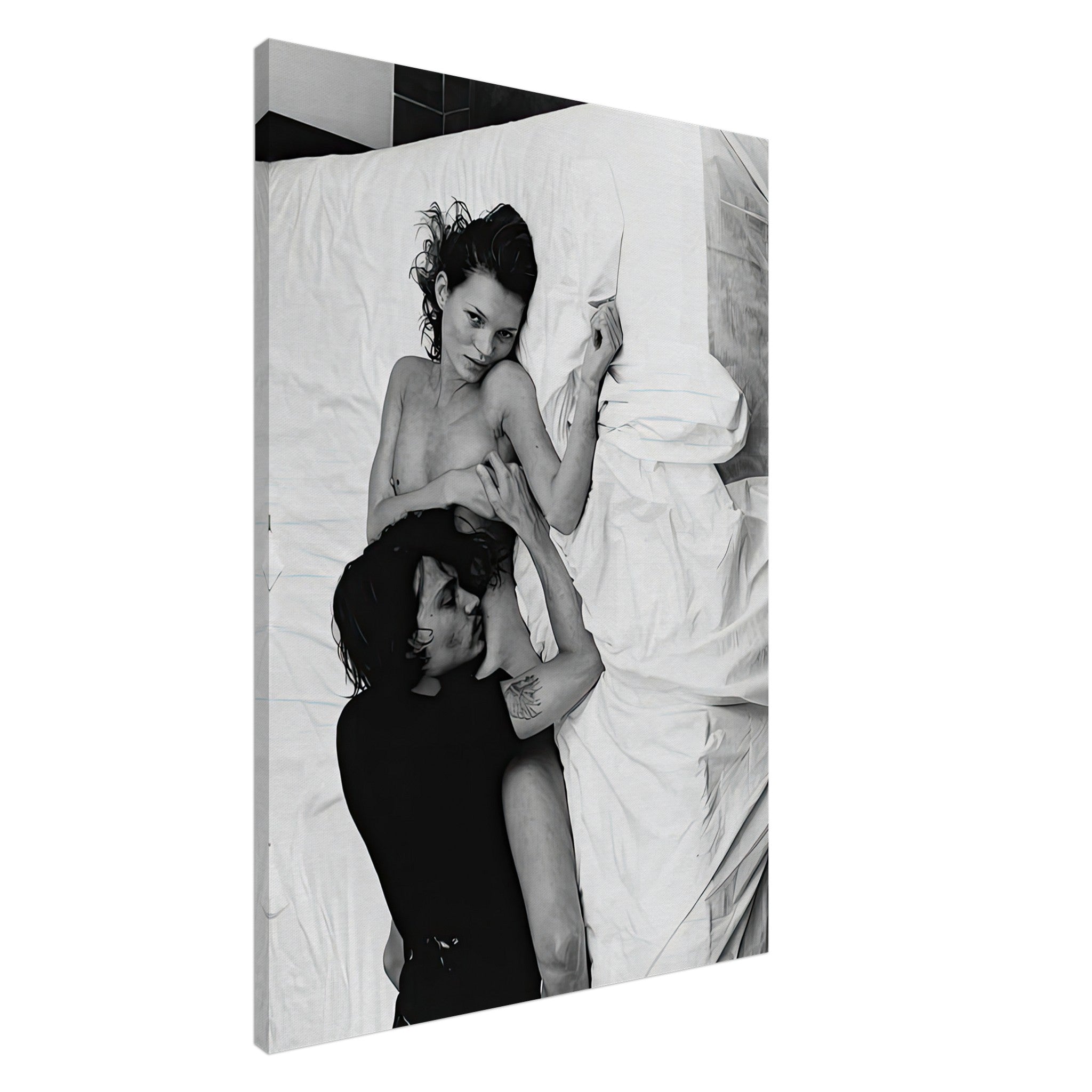 Black-and-white canvas print of Kate Moss and Johnny Depp in a passionate embrace, captured in 1994.
