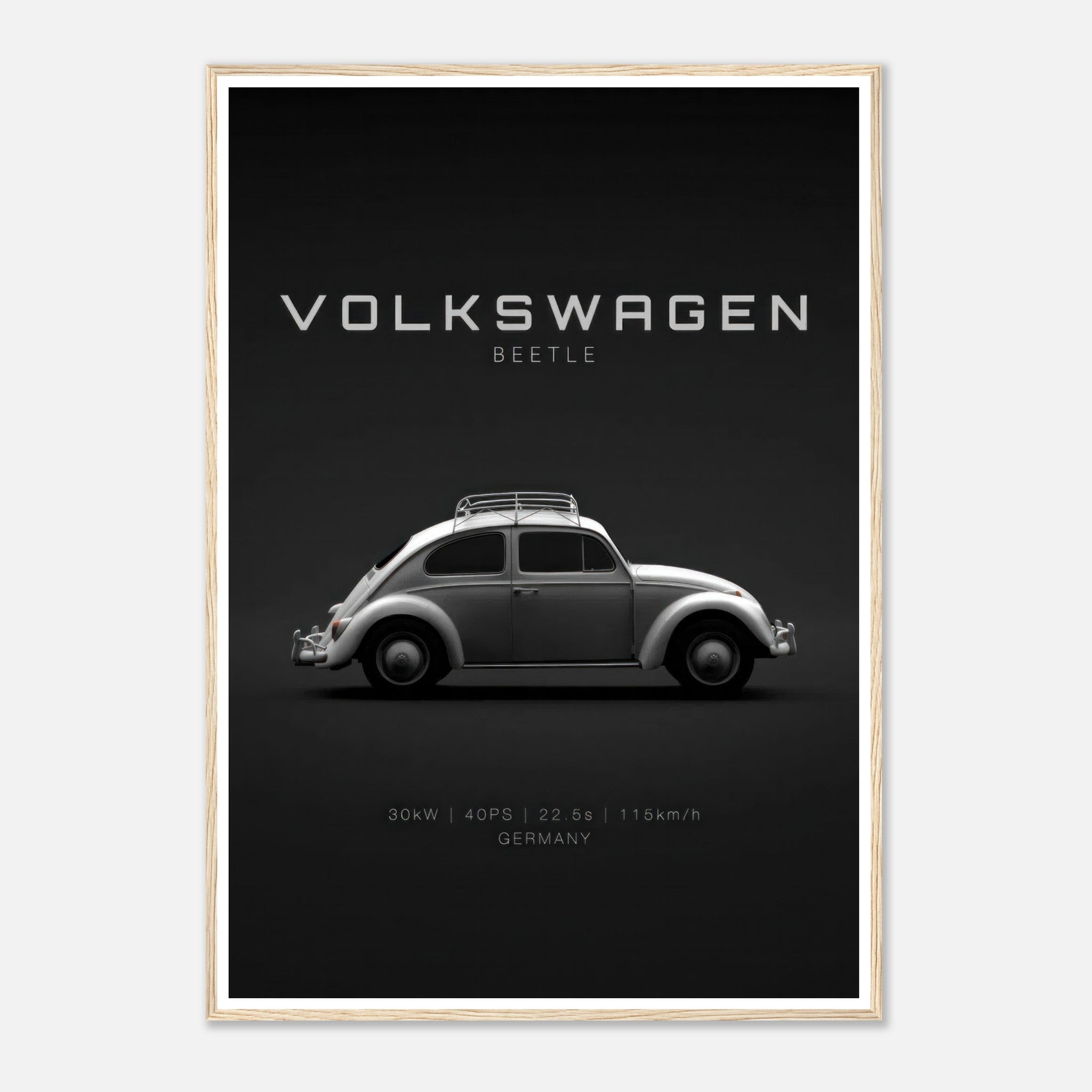 Framed poster of a Volkswagen Beetle showcasing its sleek side profile against a black background.