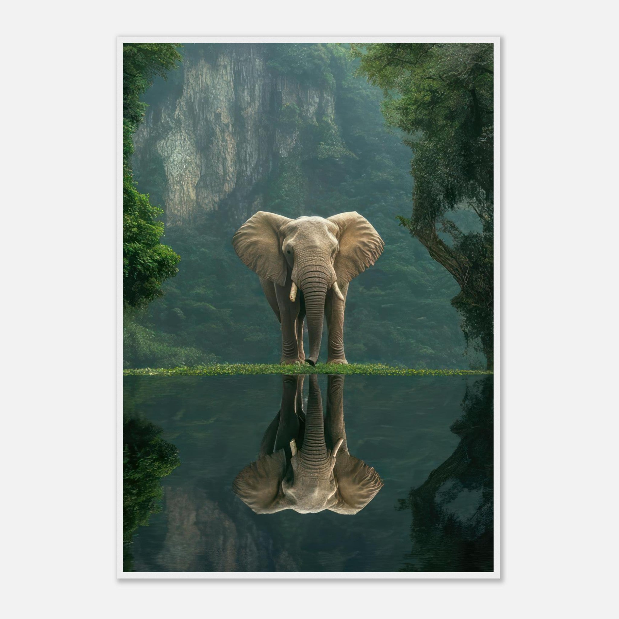 Jungle Elephant Portrait Framed Print showcasing a majestic elephant amid lush greenery with a serene water reflection.