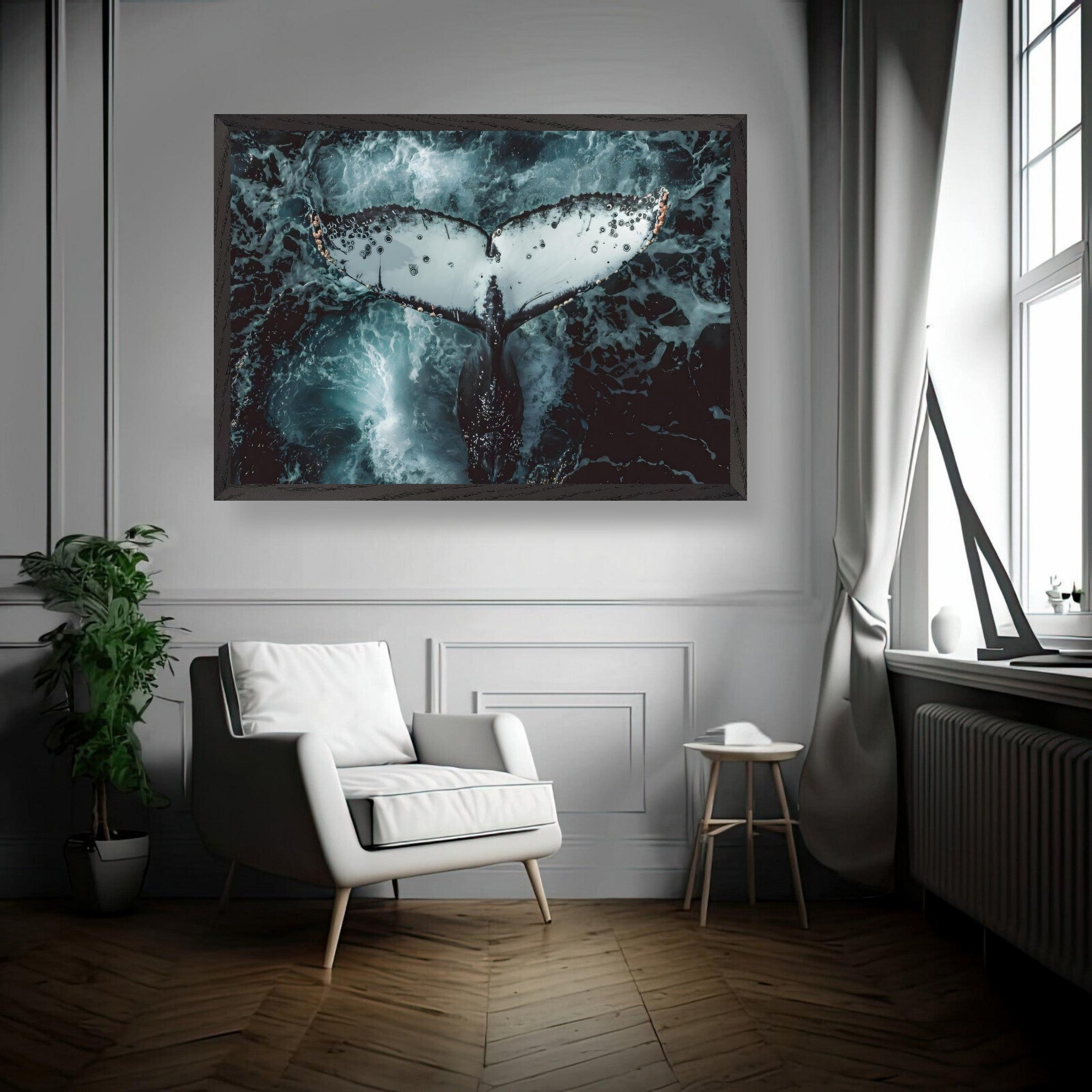 Humpback whale tail fine art print displayed in a stylish living room, showcasing ocean waves and stunning detail.