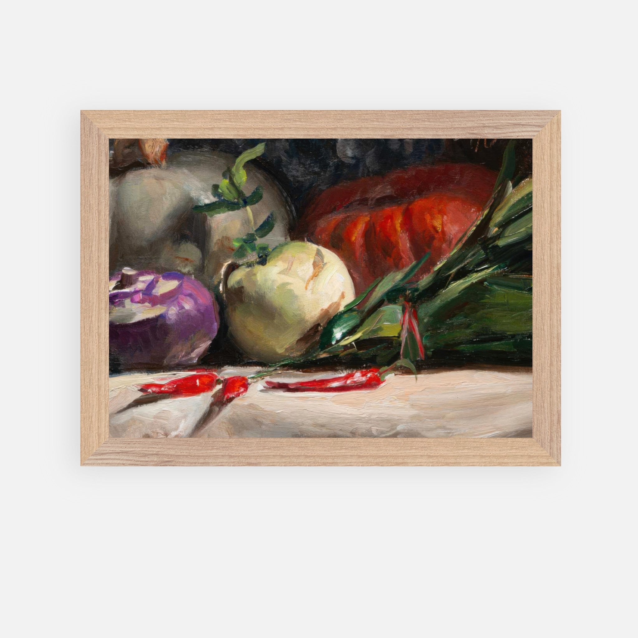 Vintage framed art featuring kohlrabi, pumpkins, and chilis in rich, earthy tones for a rustic kitchen decor.