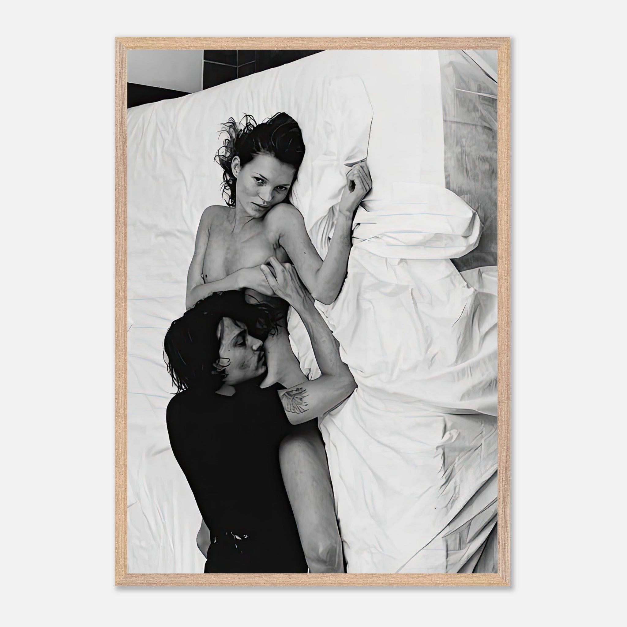 Vintage framed print of Kate Moss and Johnny Depp, 1994, capturing iconic romance in black-and-white.