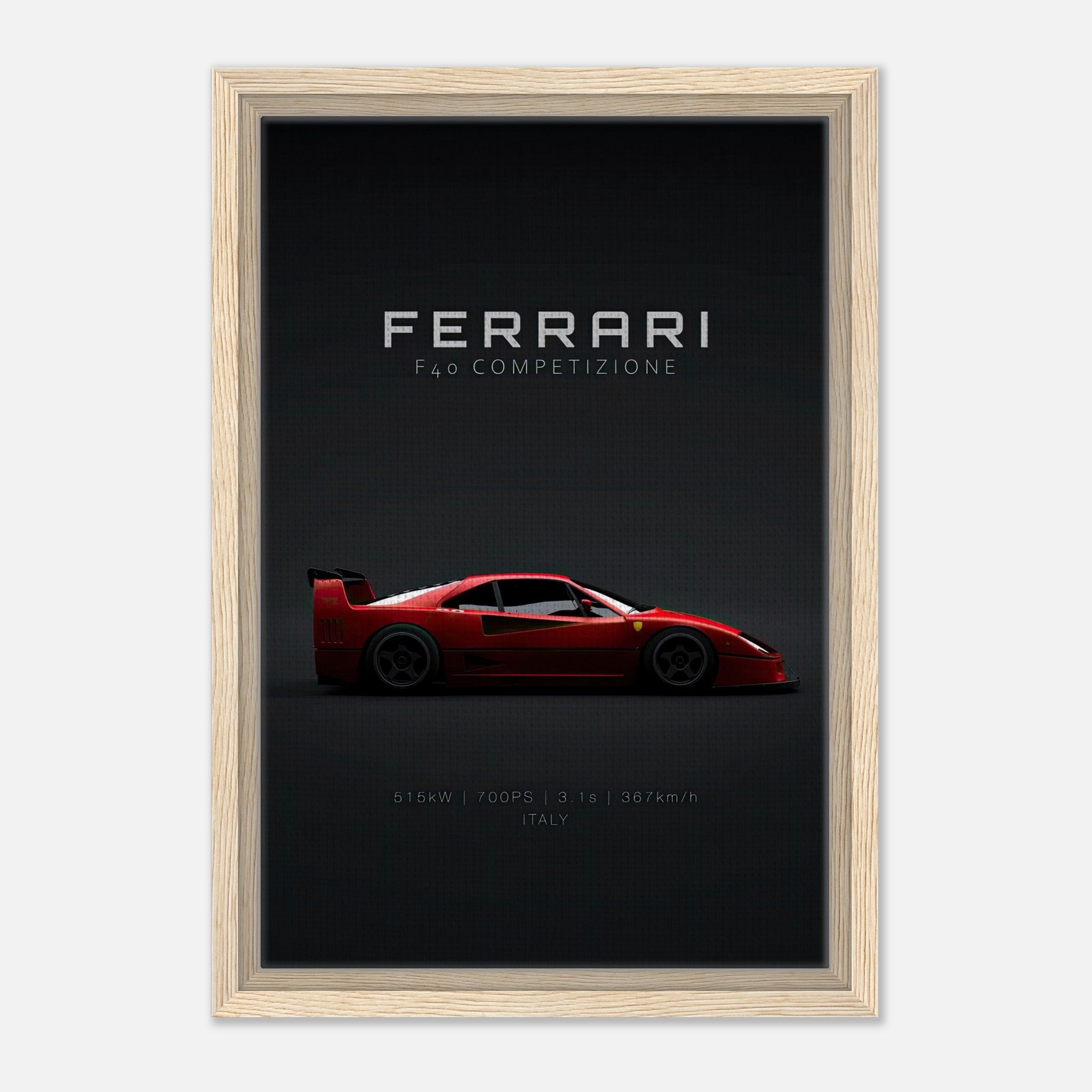 Ferrari F40 Competizione framed canvas artwork showcasing its sleek profile against a minimalist black background.