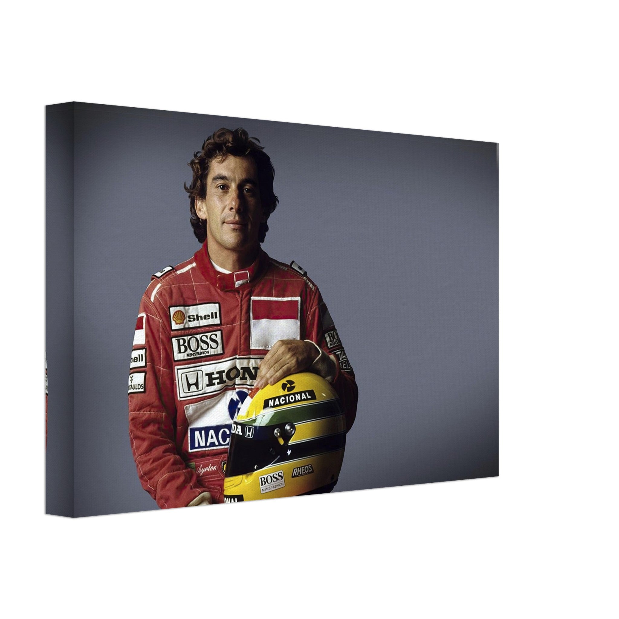 Ayrton Senna canvas print featuring the legendary racer in iconic red racing suit holding his helmet.