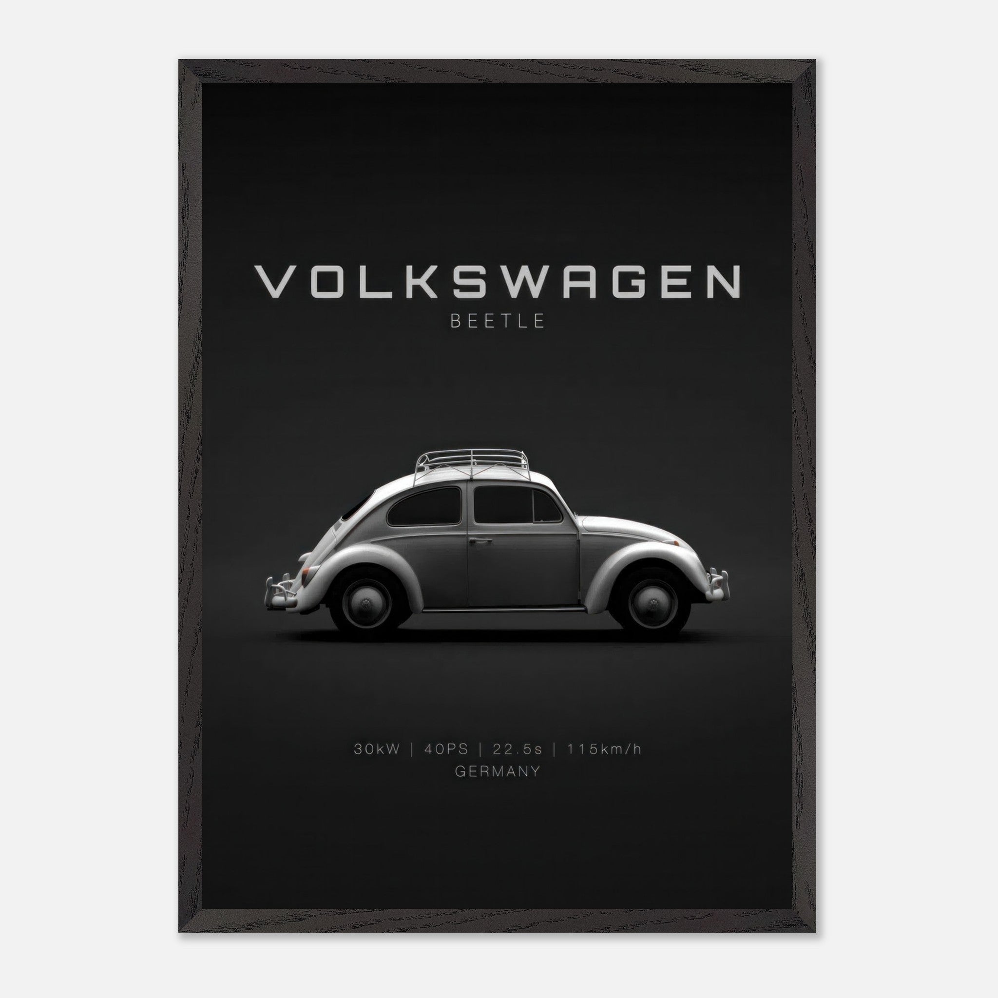 Volkswagen Beetle vintage framed art featuring sleek silver design on a minimalist black background.