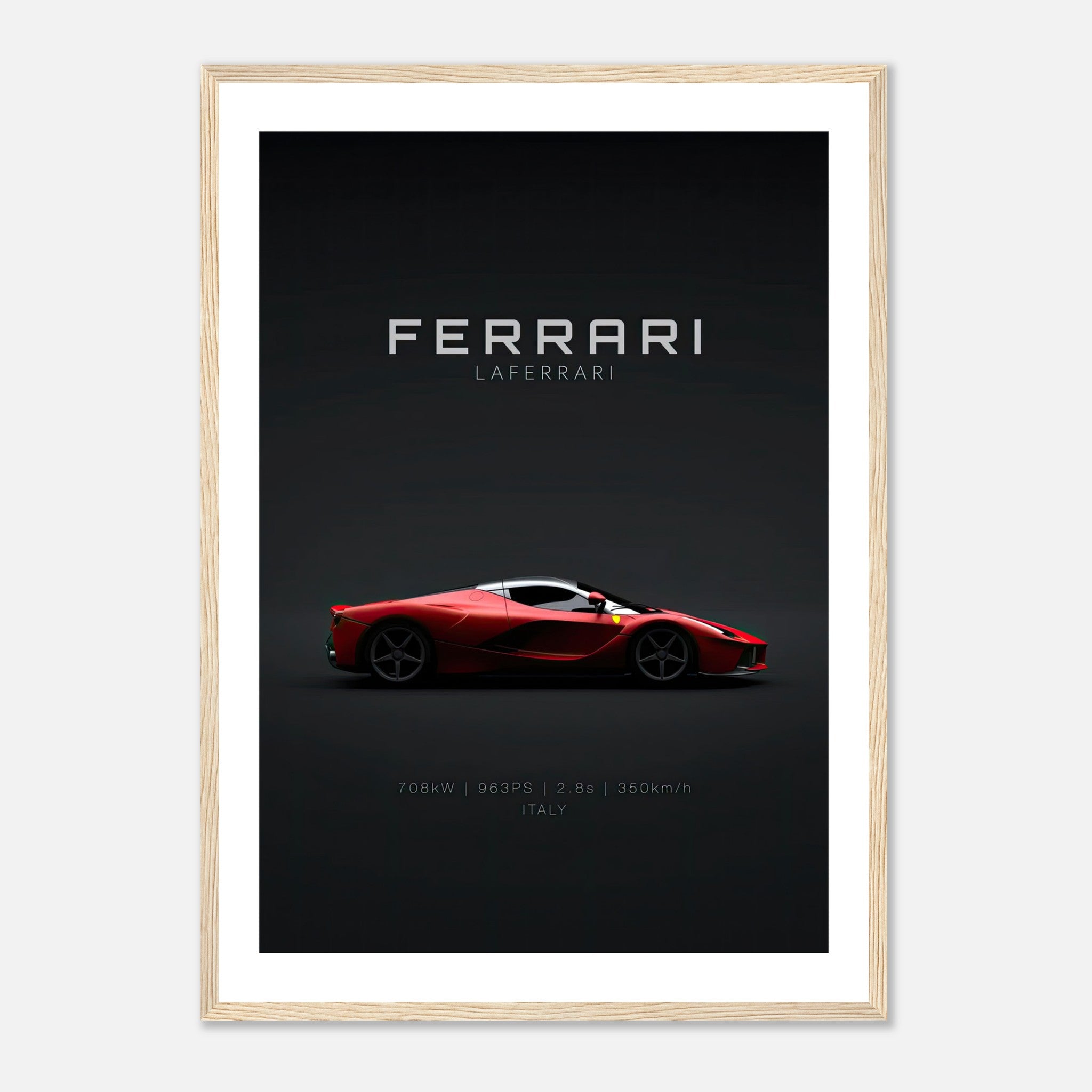 Ferrari Laferrari framed poster showcasing the iconic hypercar in red against a dark background, perfect for decor.