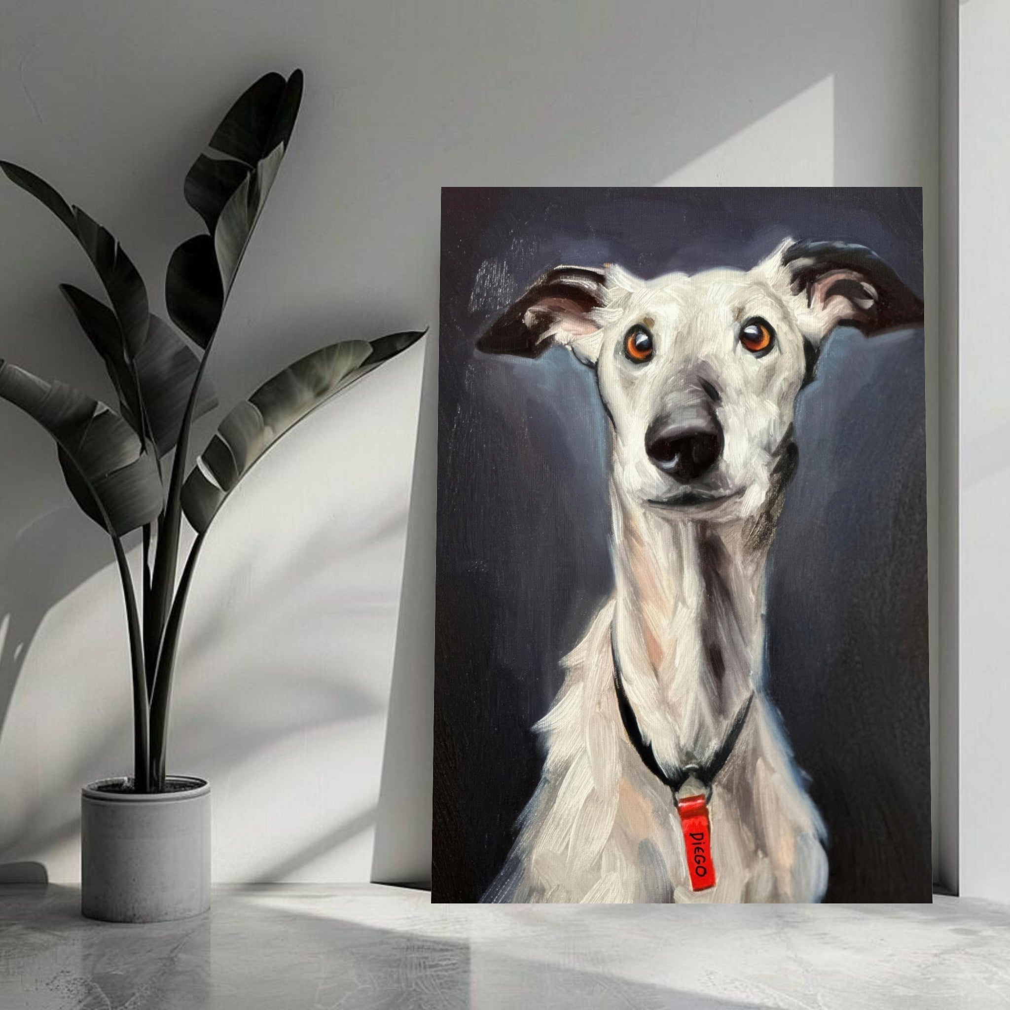Stunning Greyhound dog painting on metal print, showcasing elegant features and expressive eyes in artistic detail.