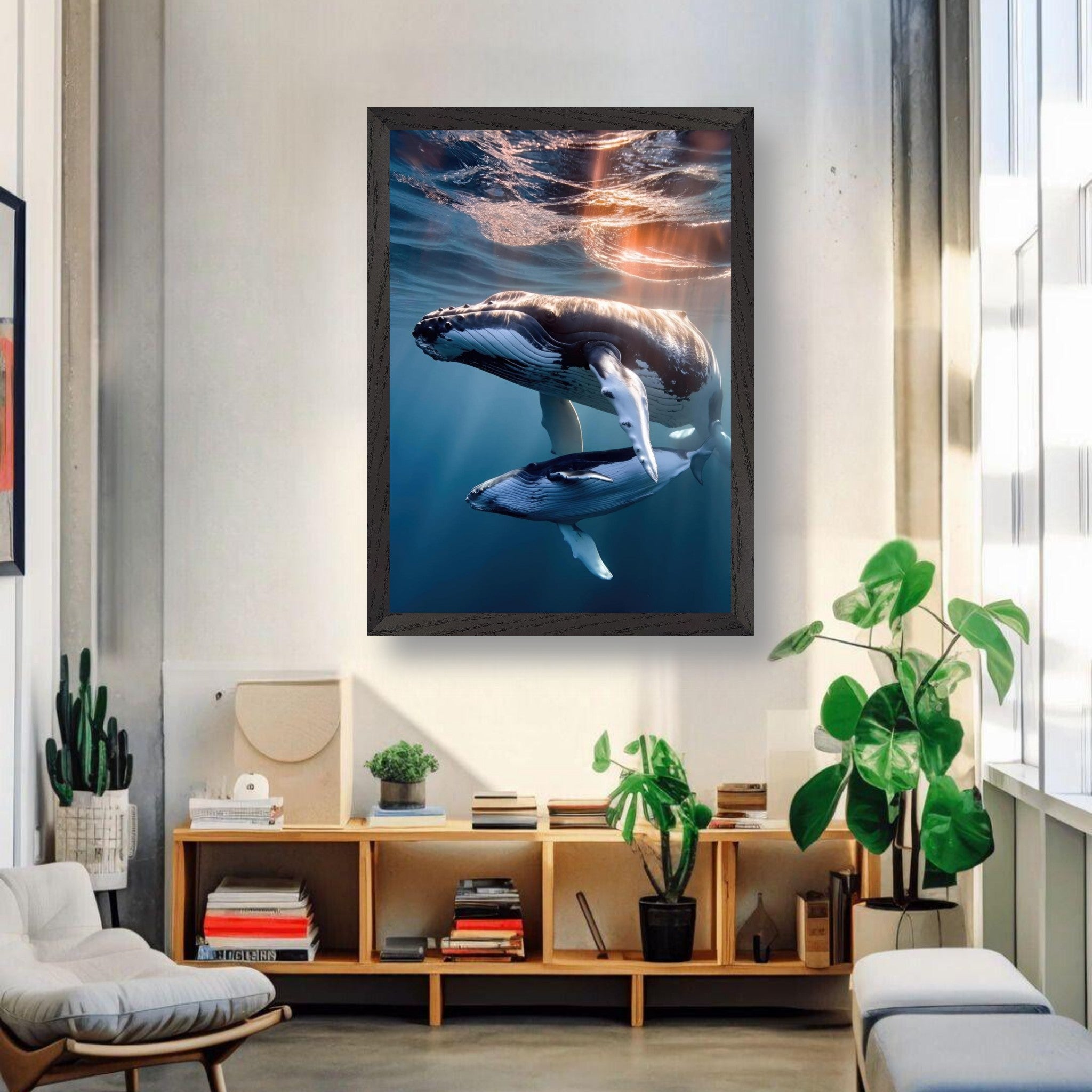 Framed print of underwater photography featuring a humpback whale and calf swimming gracefully in sunlight.