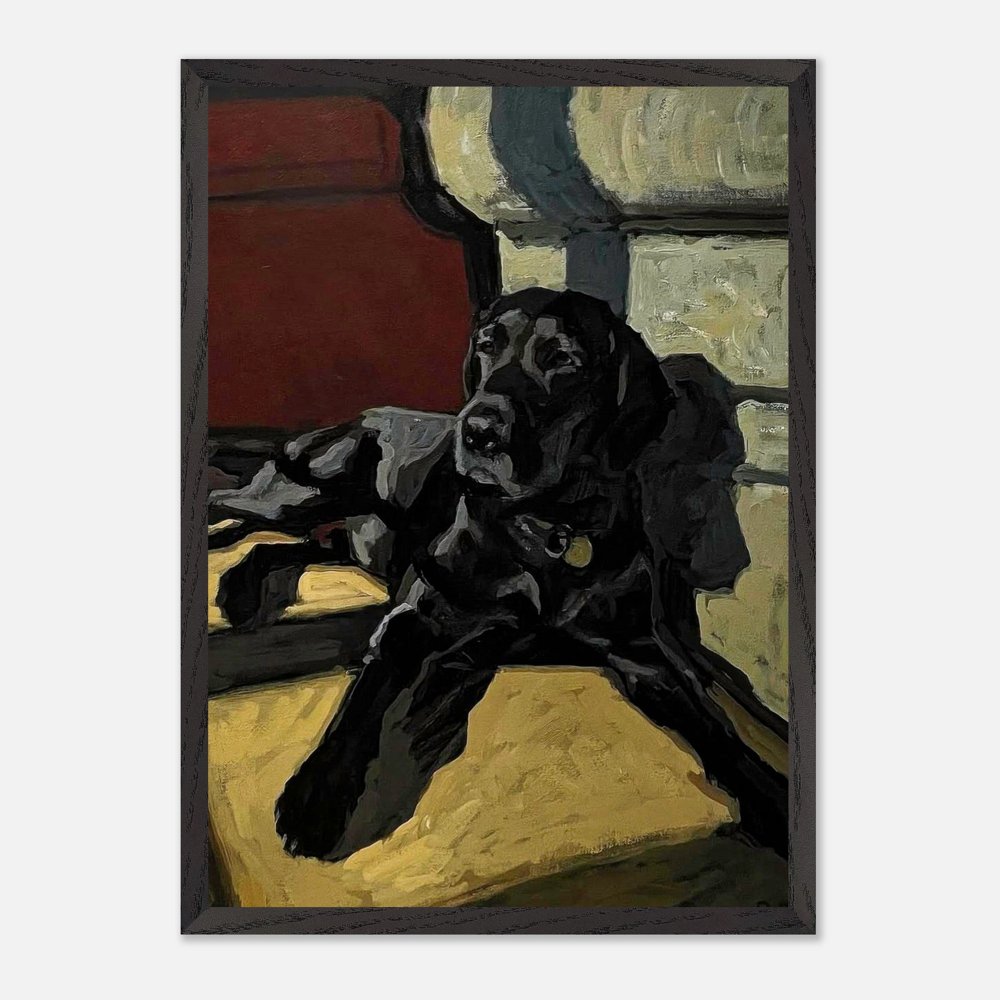 Black Labrador dog painting in vintage frame, showcasing warm light and expressive brushstrokes.