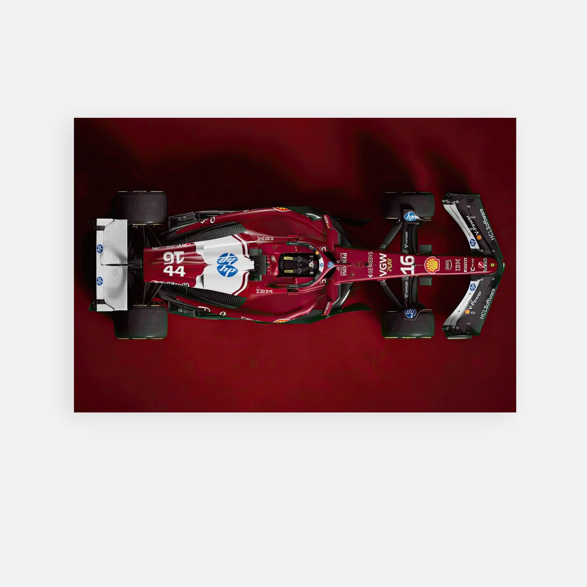 Ferrari F1 2025 Metal Print featuring top-down view of sleek design on a deep red background.