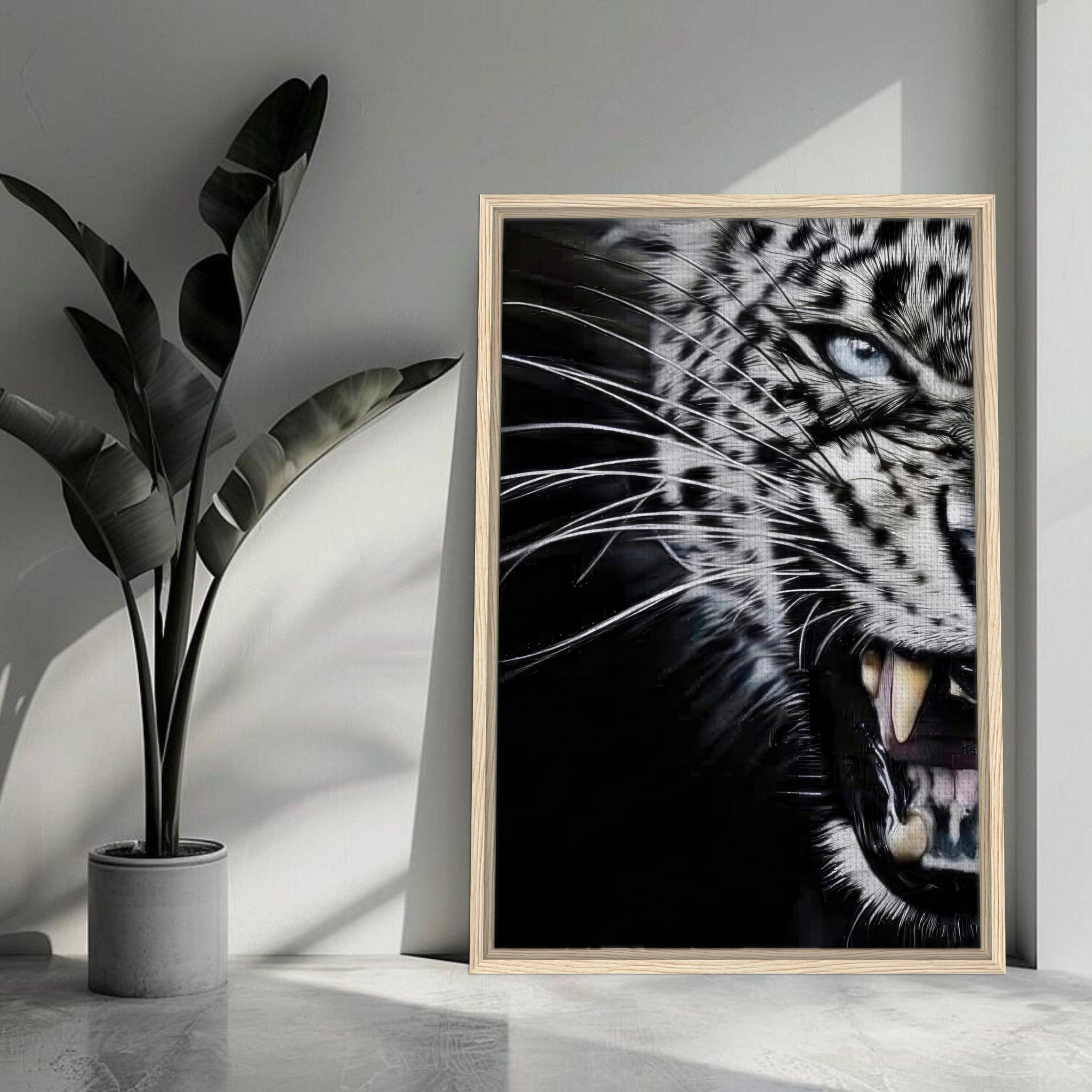 Close-up portrait of a leopard with fierce expression in a framed canvas print, enhancing interior decor.