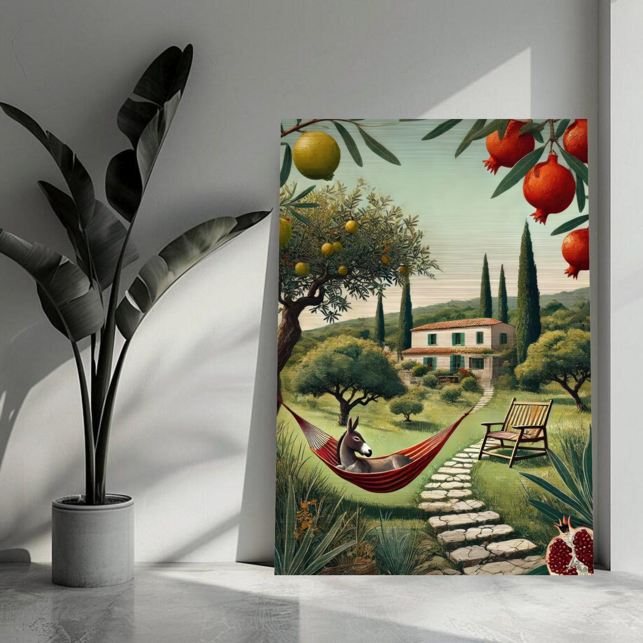 Brushed metal print of a Mediterranean landscape featuring a donkey in a hammock among olive trees and pomegranates.