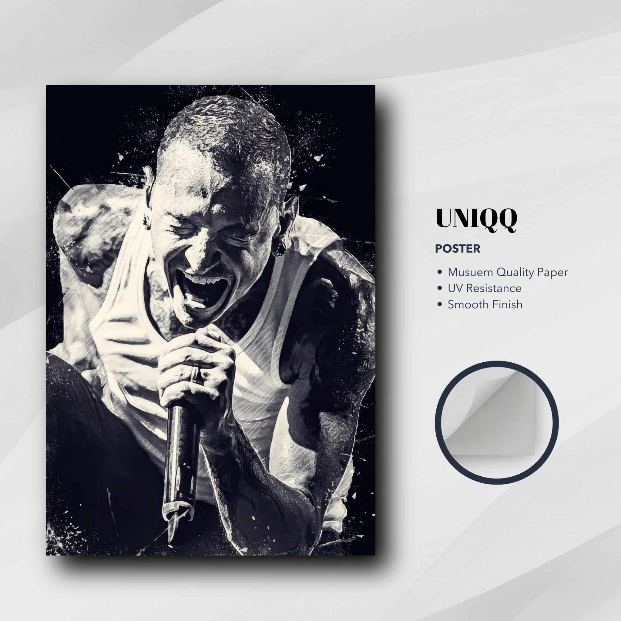 Chester Bennington poster featuring a powerful black-and-white image of him performing passionately.