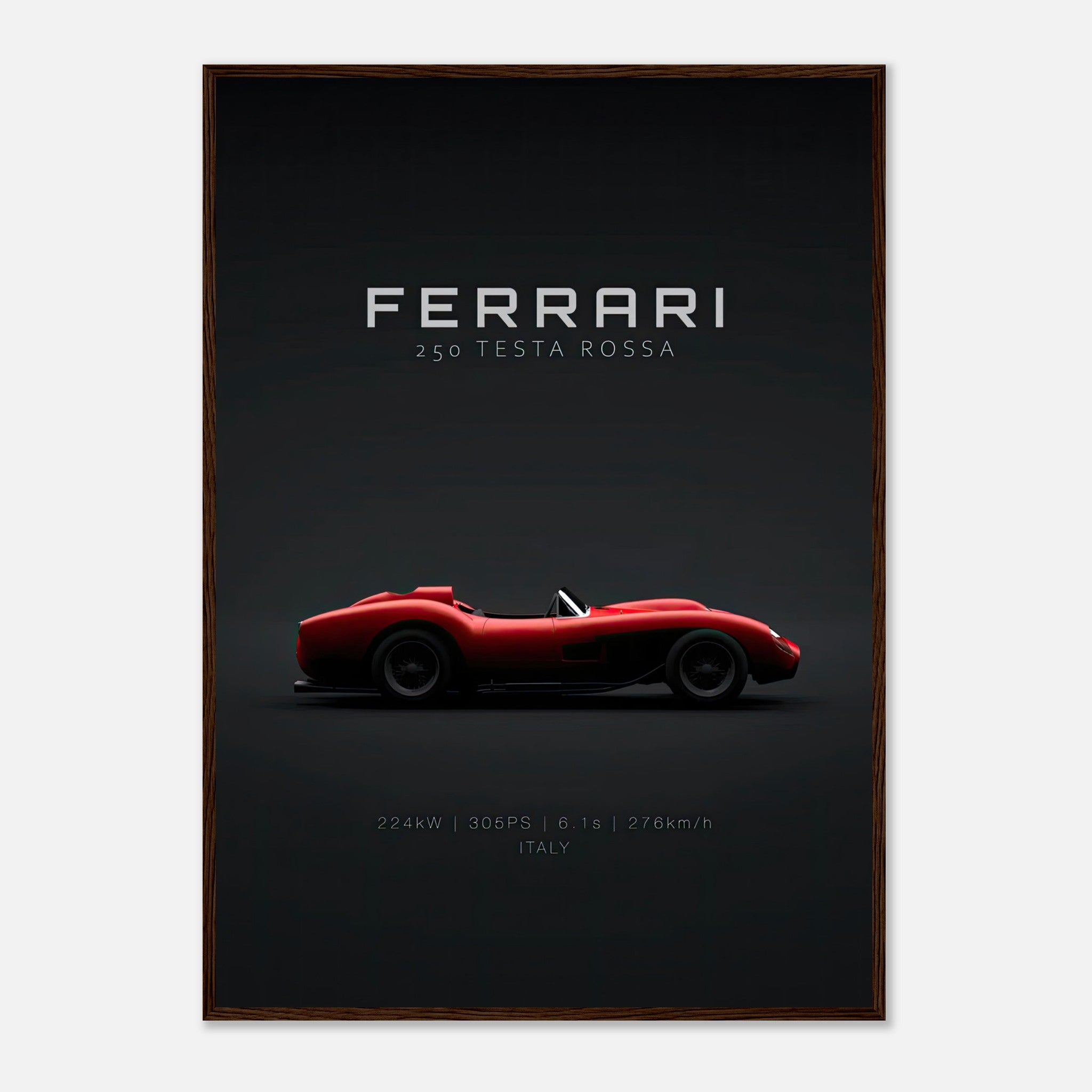Ferrari 250 Testa Rossa framed poster showcasing a sleek red sports car against a minimalist black background.