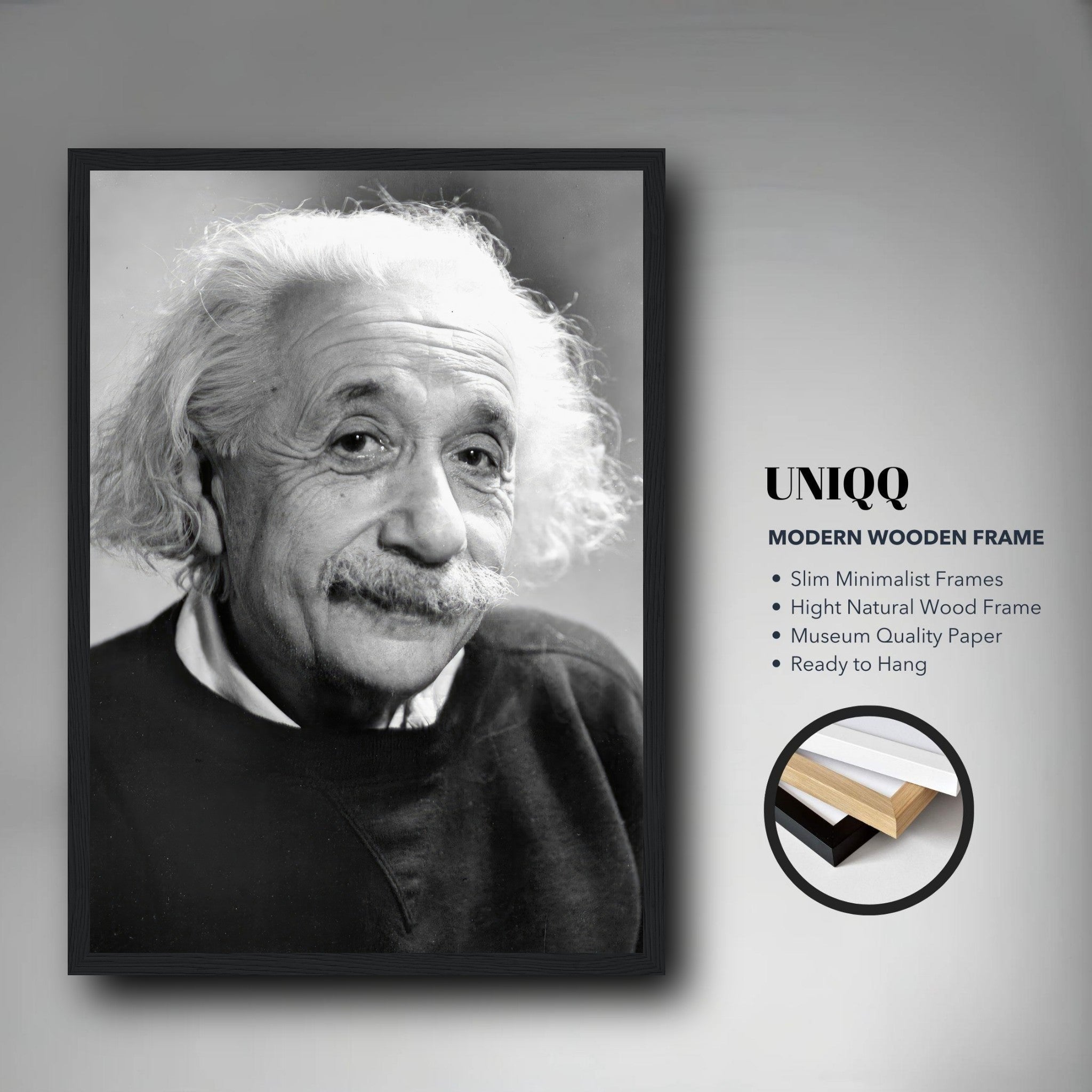Albert Einstein black-and-white framed print, showcasing his thoughtful expression, perfect for inspiring decor.