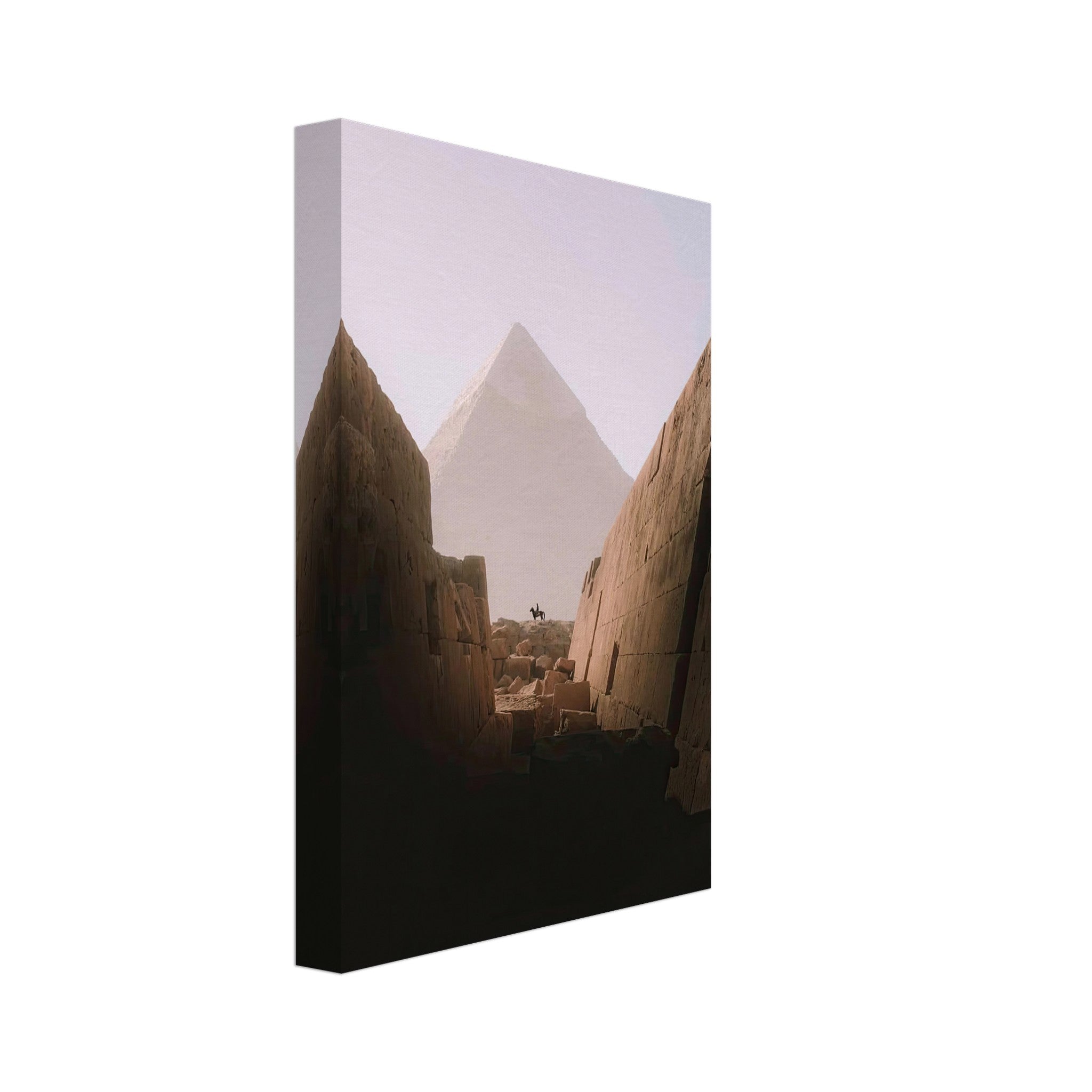 Horseback rider silhouetted against the Great Pyramid of Giza, framed by ancient stone ruins.