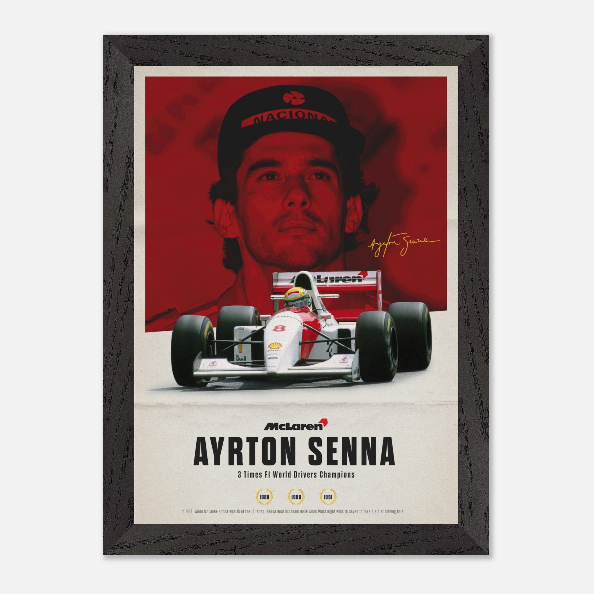 Ayrton Senna vintage framed art featuring his McLaren car and portrait, commemorating his F1 championships.