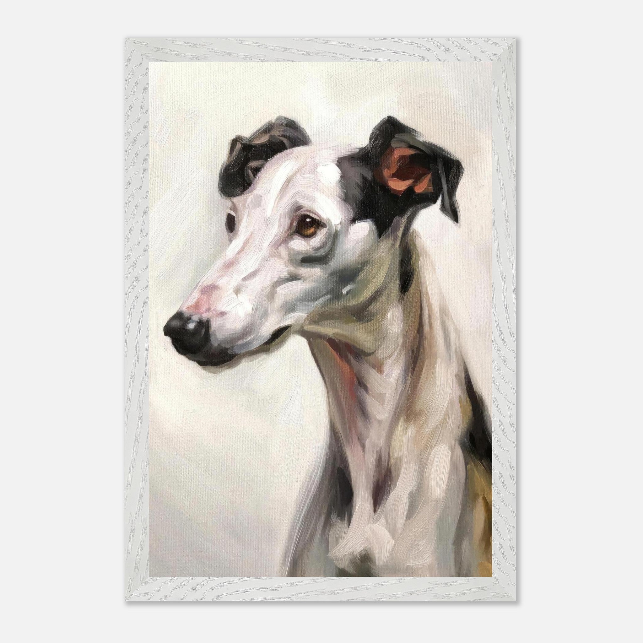 Fine art painting of a Greyhound dog, showcasing elegant features and soft brushstrokes.