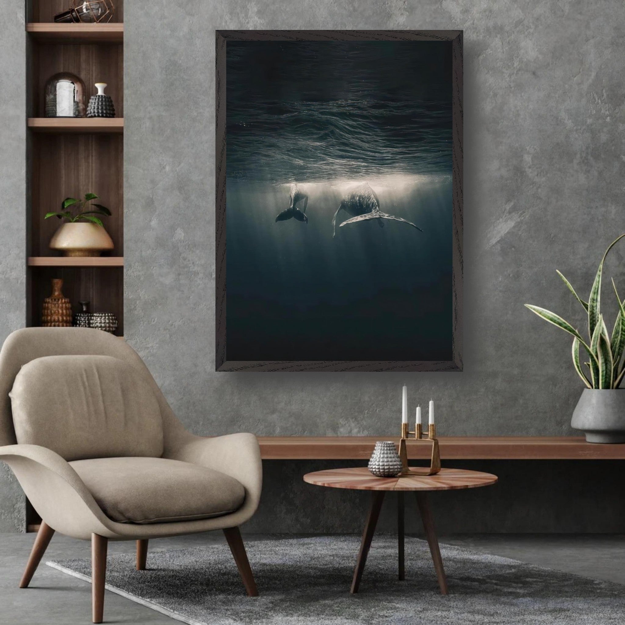 Fine art print of whales swimming underwater, showcasing serene elegance and deep sea beauty.