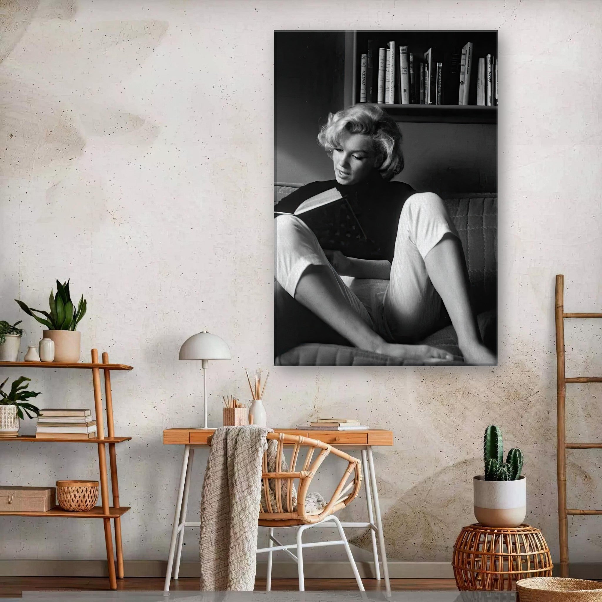 Marilyn Monroe reading at home canvas in black-and-white, adding elegance and sophistication to any interior decor.