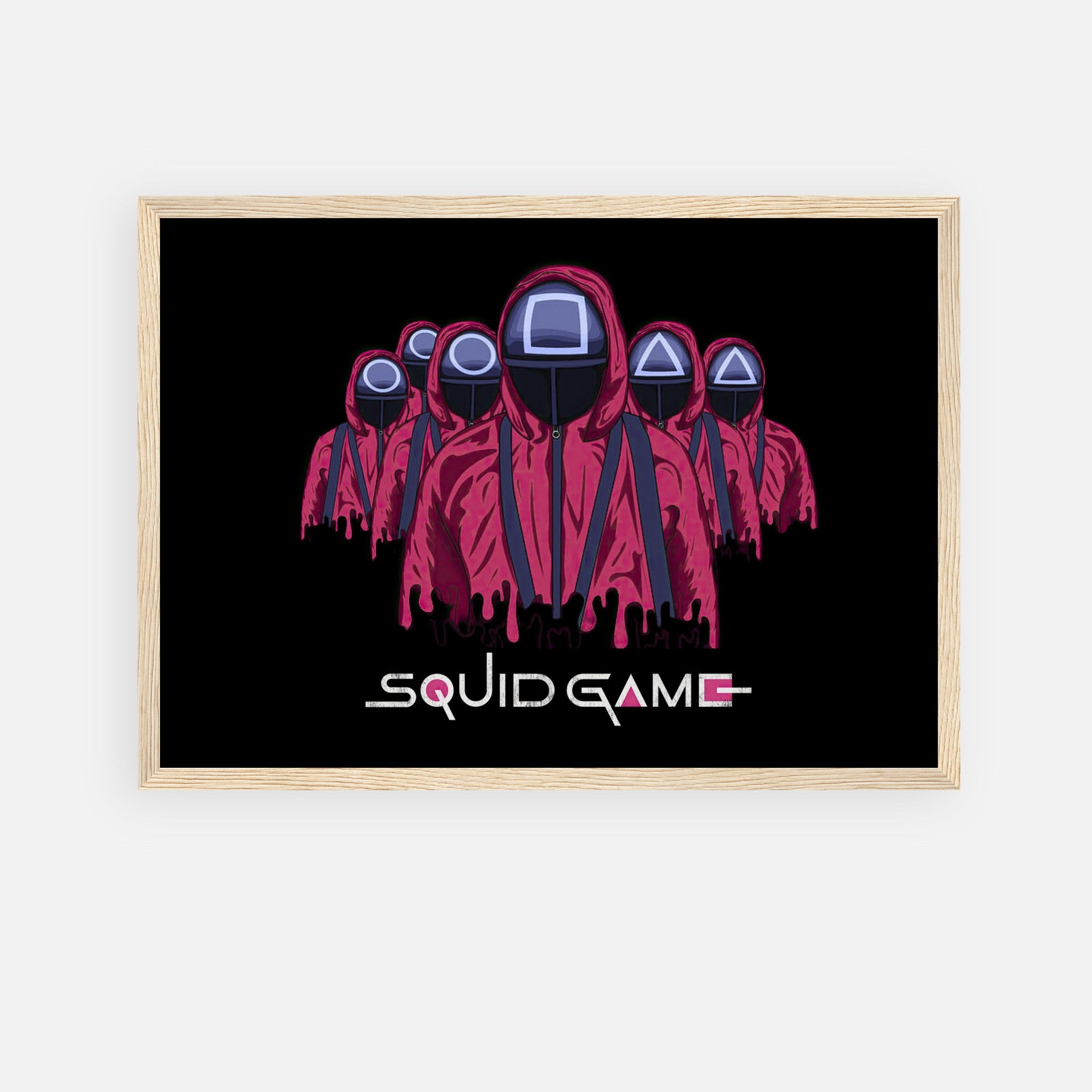 Squid Game Soldiers framed poster featuring iconic pink guards with geometric masks, perfect for bold room decor.