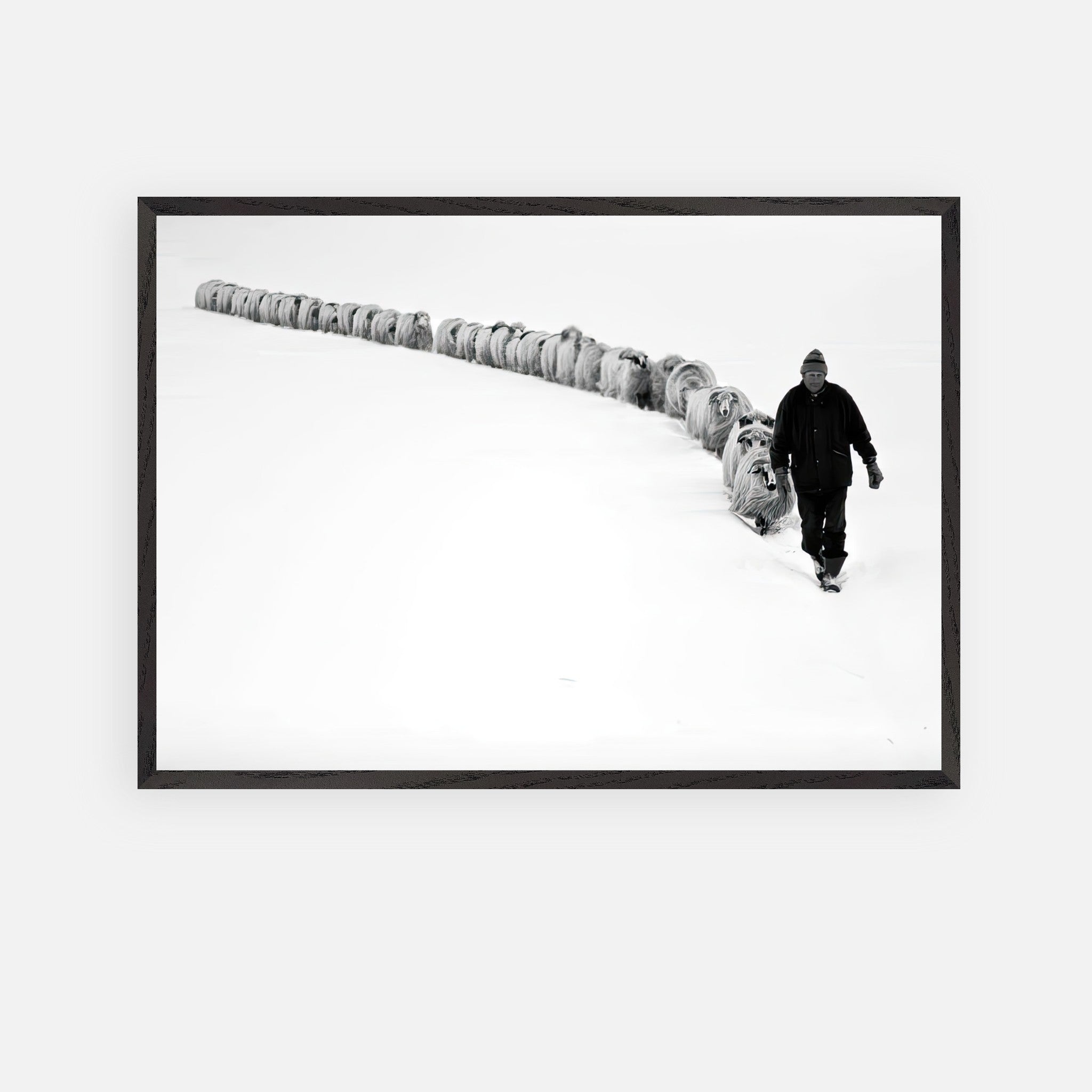 A shepherd guiding his flock through a snowy landscape in The Shepherd’s Trail Vintage Framed Art.