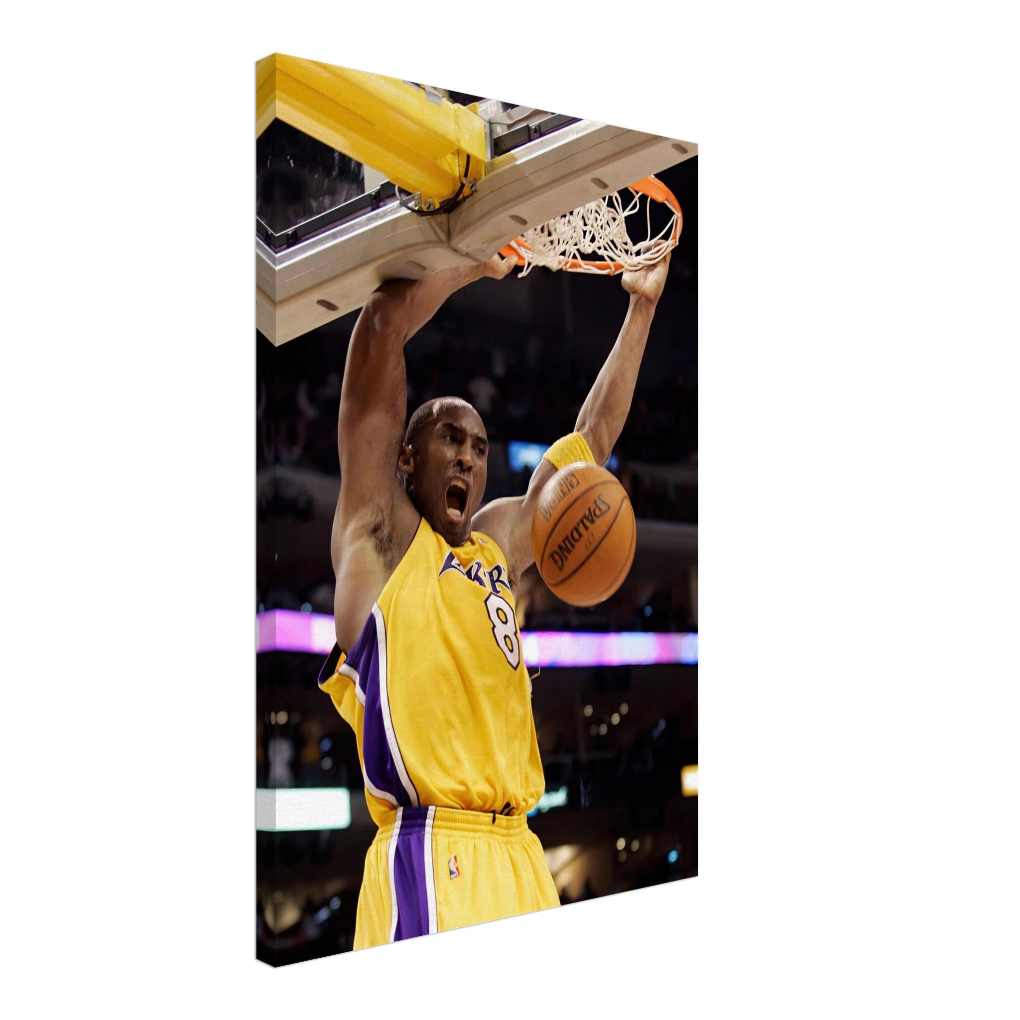 Kobe Bryant's iconic slam dunk canvas print showcasing his athleticism in vibrant colors and high-definition detail.