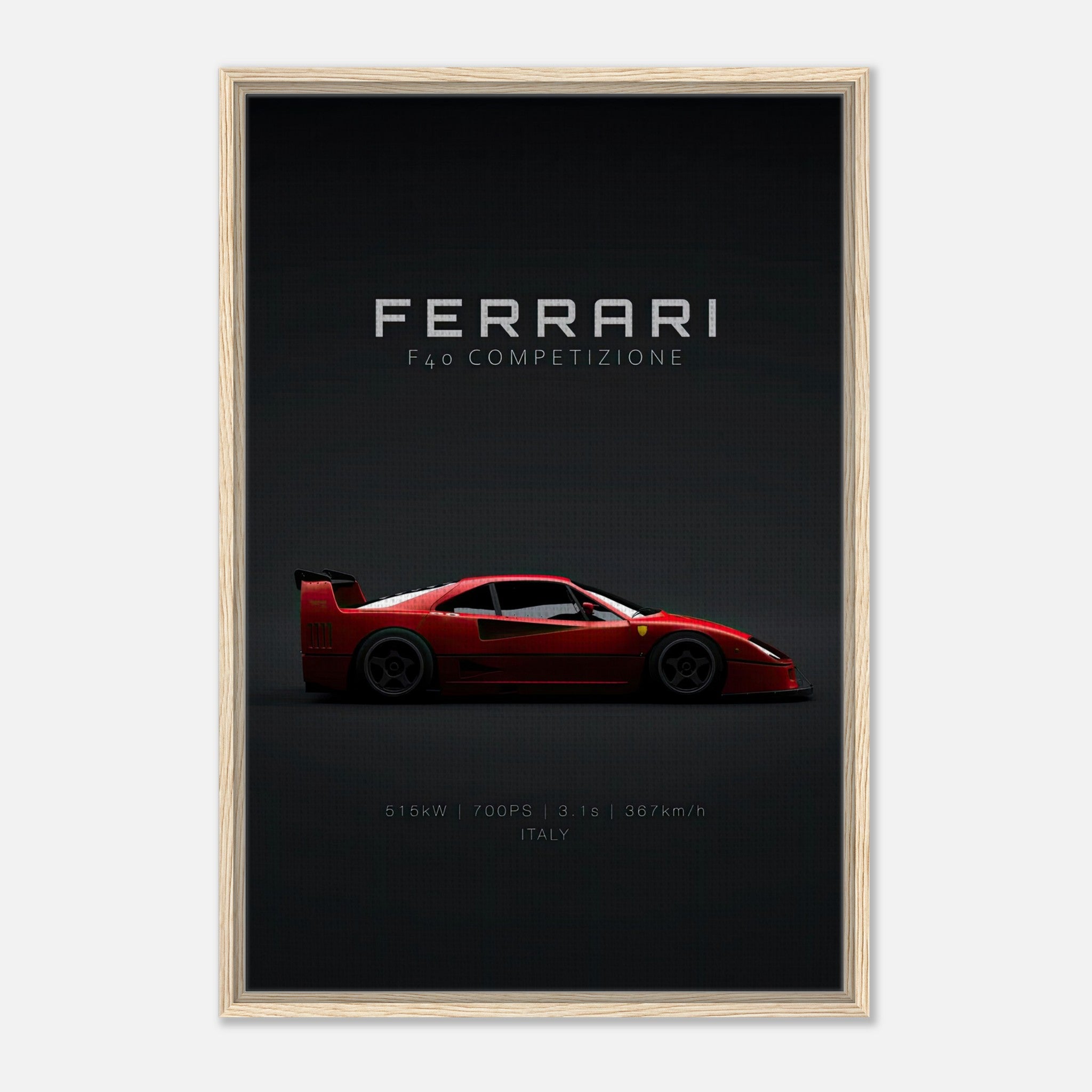 Ferrari F40 Competizione framed canvas art featuring sleek design and bold red color on a black background.