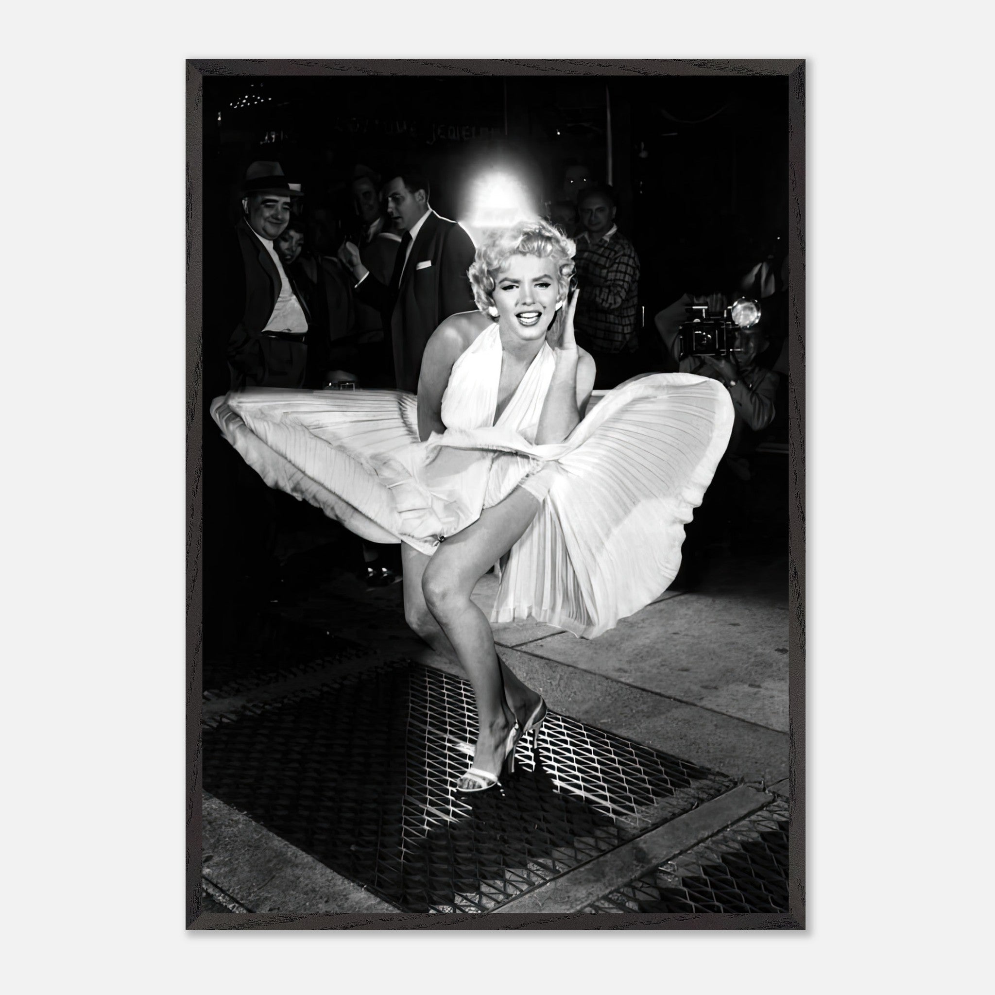 Marilyn Monroe in iconic white dress, wind-blown, vintage black-and-white print, Hollywood glamour, timeless beauty.
