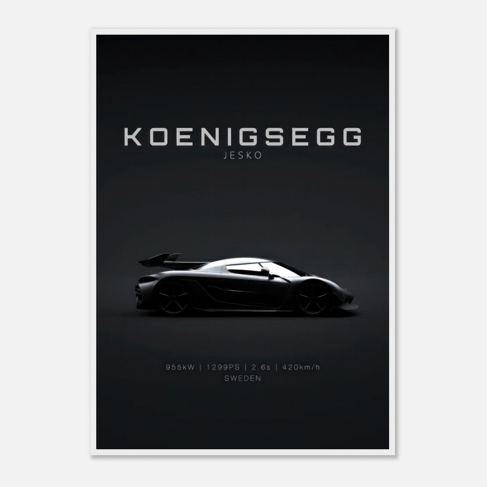 Koenigsegg Jesko framed poster showcasing the sleek hypercar silhouette on a minimalist black background.