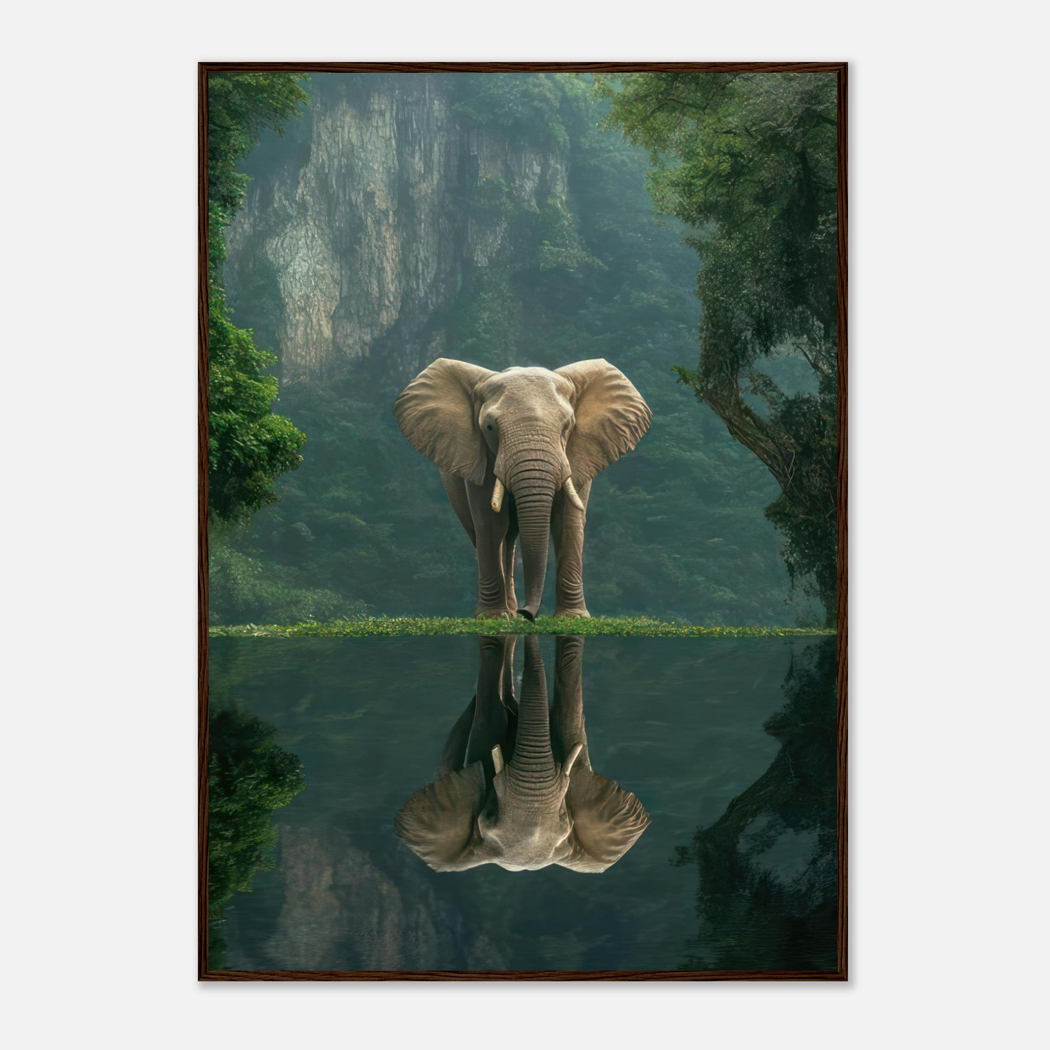 Jungle Elephant Portrait Framed Print featuring a majestic elephant reflected in serene water surrounded by nature.