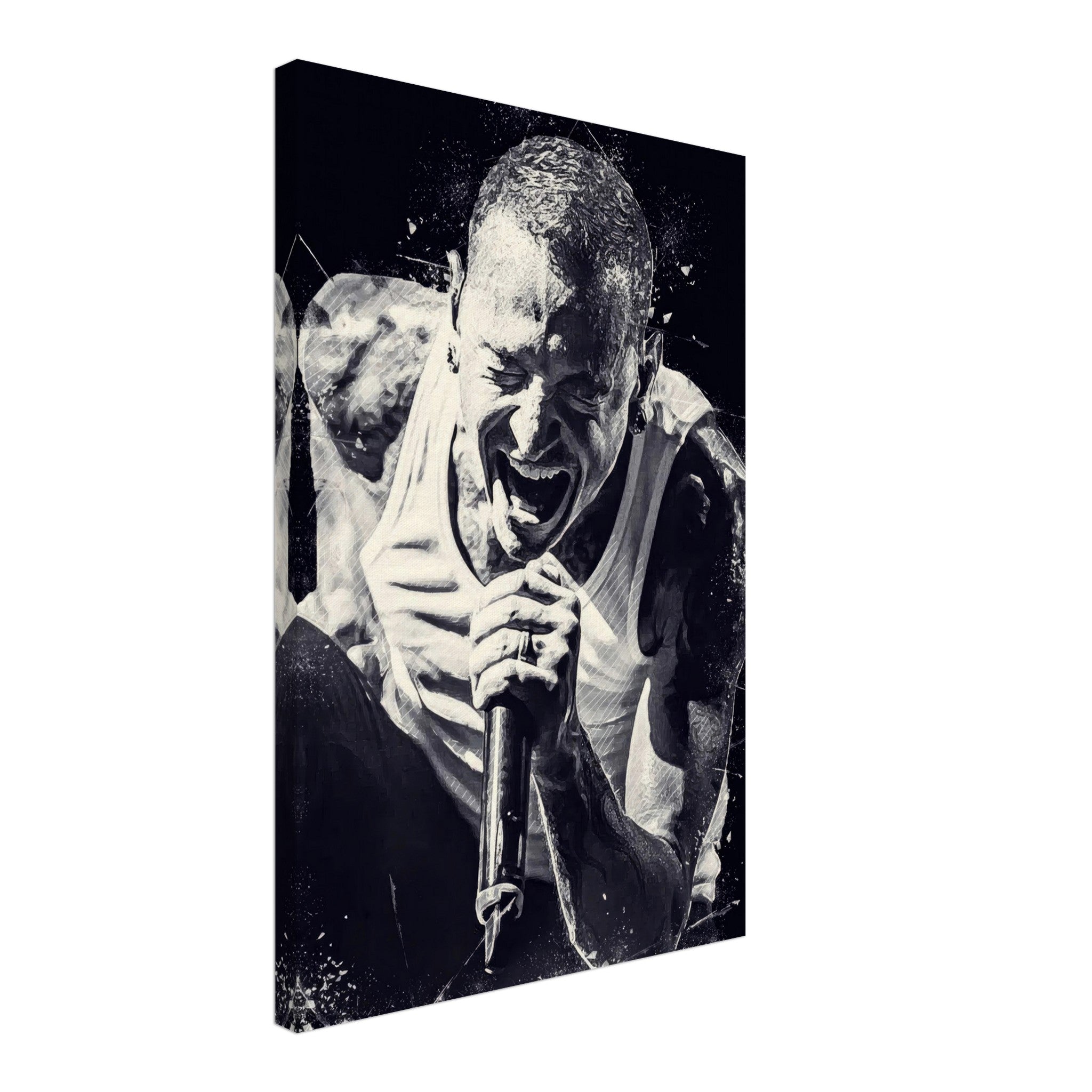 Chester Bennington canvas print, black-and-white artwork capturing the emotion of the Linkin Park frontman singing passionately.