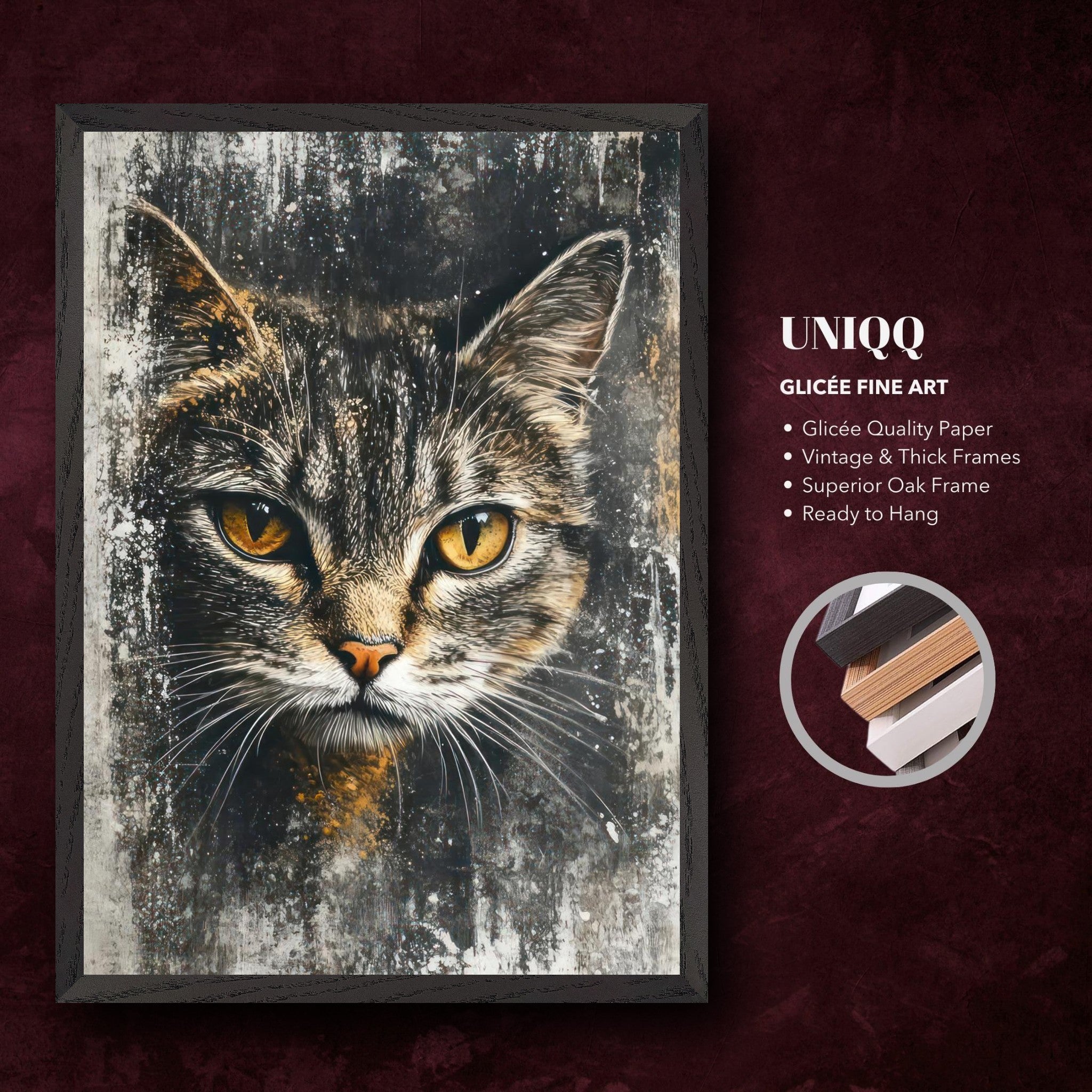 Stunning cat painting artwork displayed in a vintage oak frame, featuring piercing golden eyes and intricate fur details.