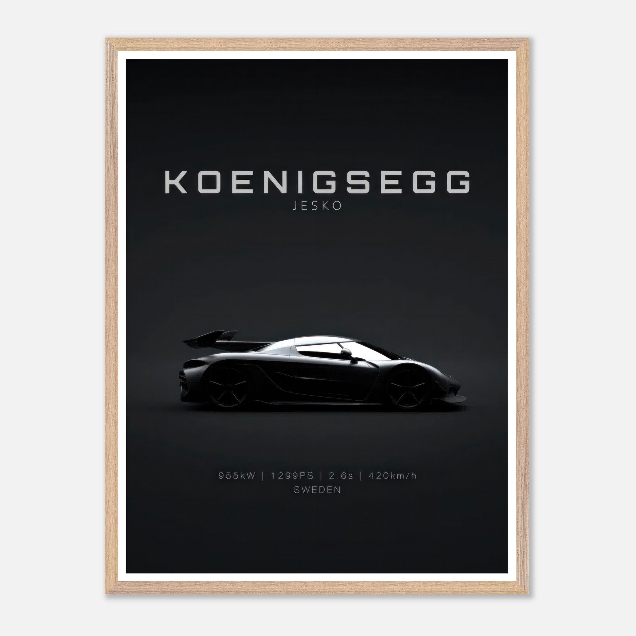 Koenigsegg Jesko vintage framed art showcasing sleek hypercar design against a minimalist black background.
