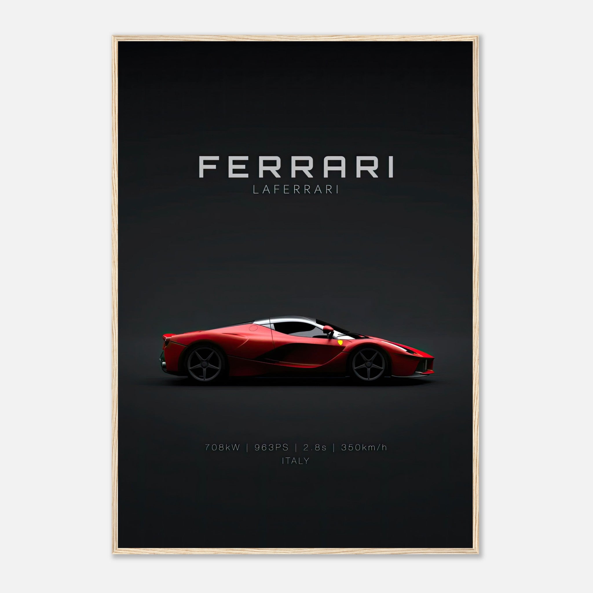 Ferrari Laferrari framed poster featuring the iconic hypercar in red against a dark background.