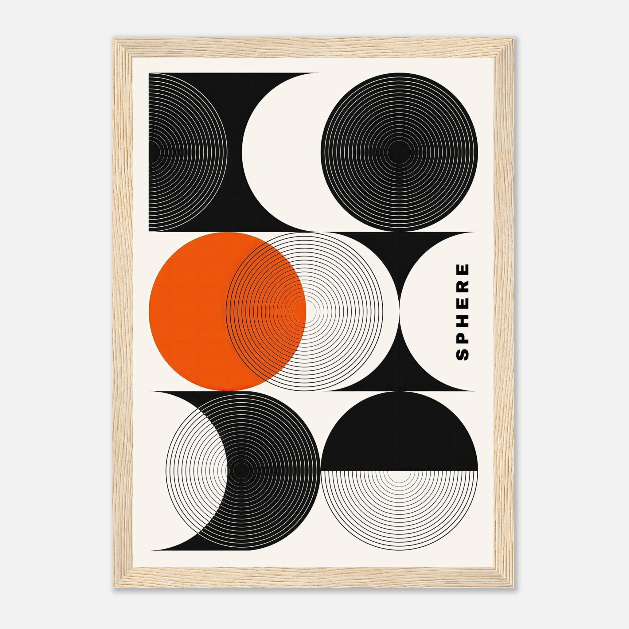 Abstract geometric sphere art featuring black and white circles with vibrant orange accents, in a sleek framed design.