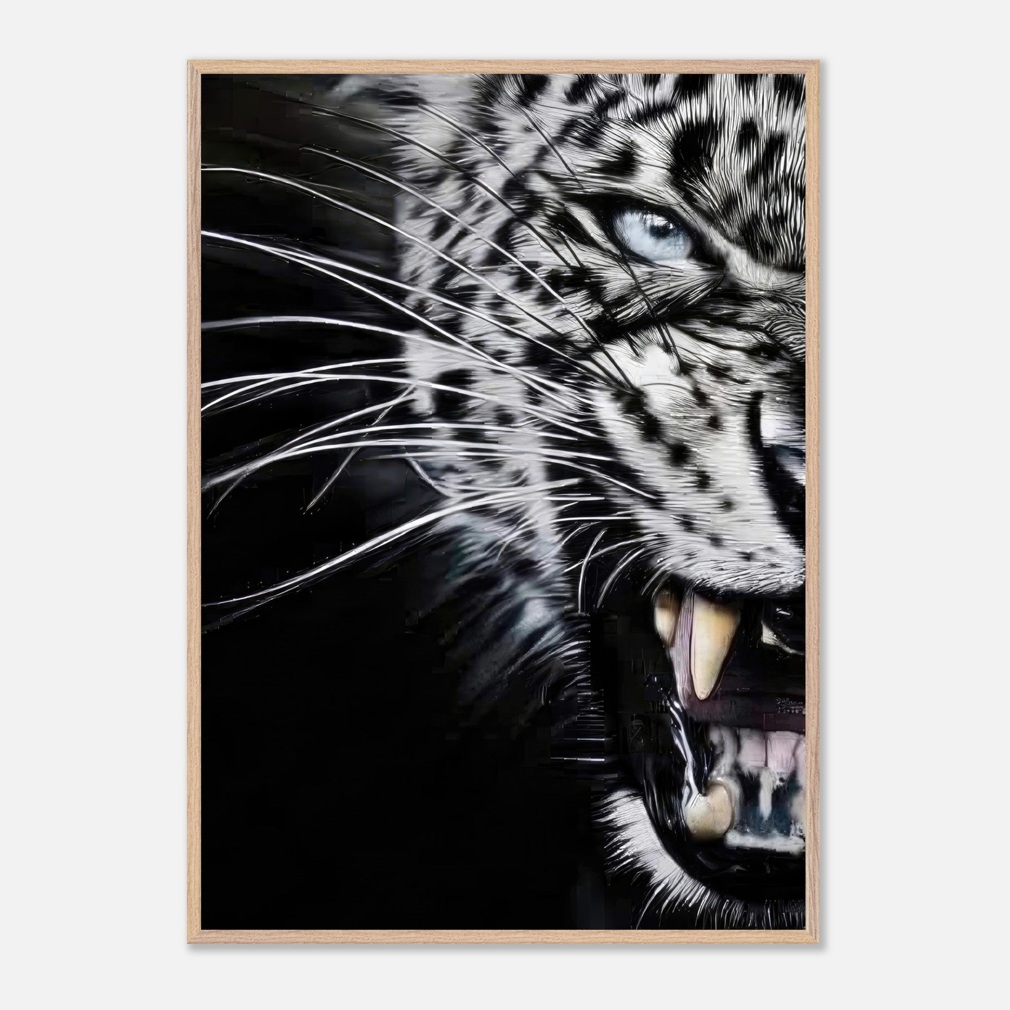 Leopard close-up portrait showcasing fierce intensity and intricate fur patterns in fine art style.