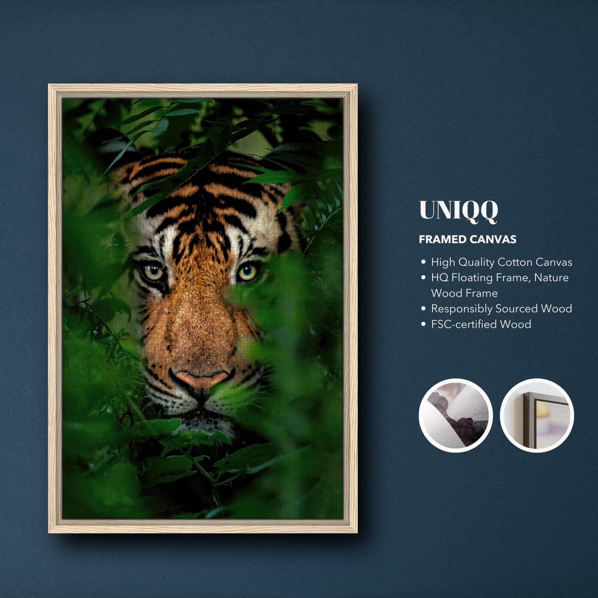 Tiger Through Jungle framed canvas print featuring a fierce tiger peering through lush green foliage.