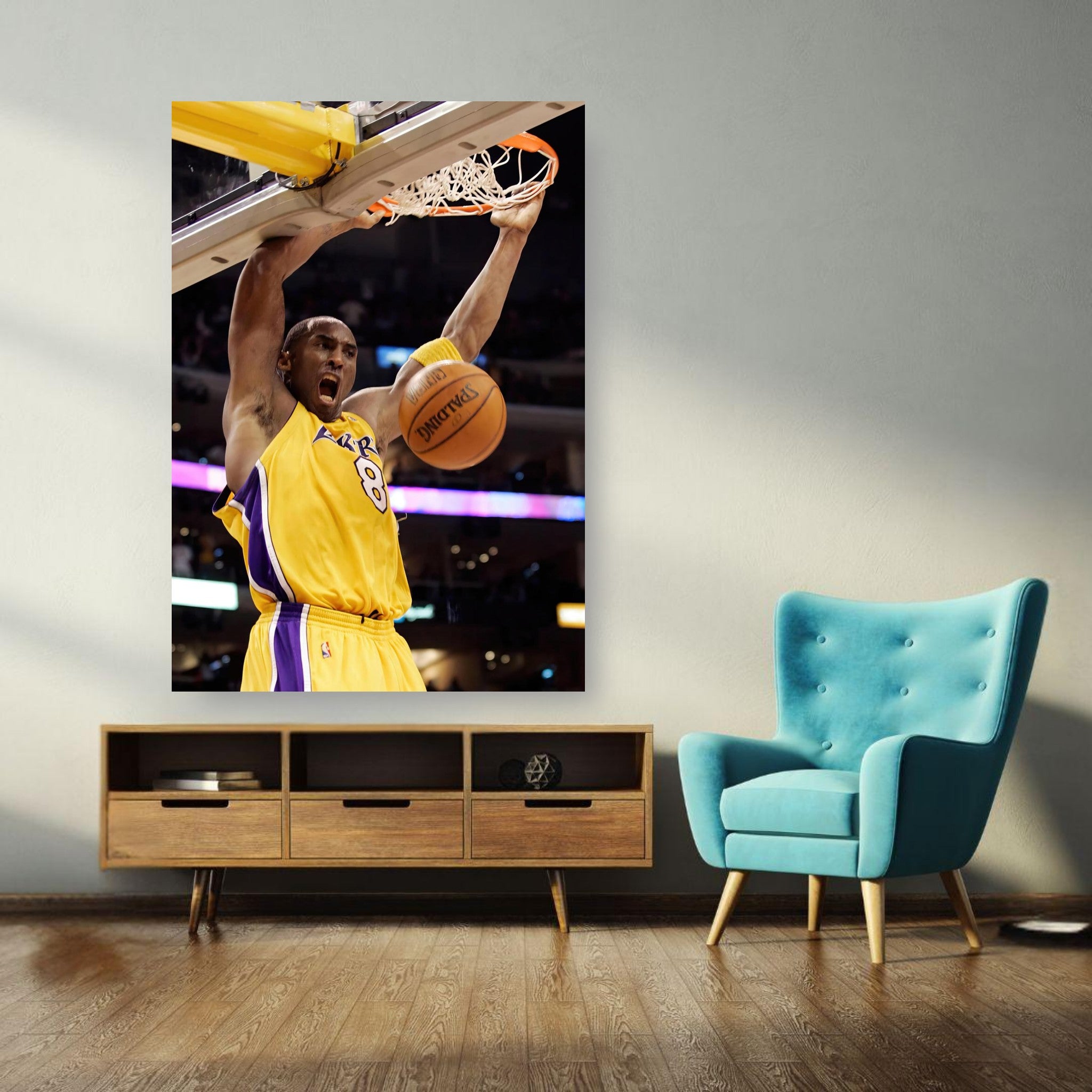 Kobe Bryant iconic slam dunk poster showcasing him in Lakers jersey, capturing his powerful basketball moment.