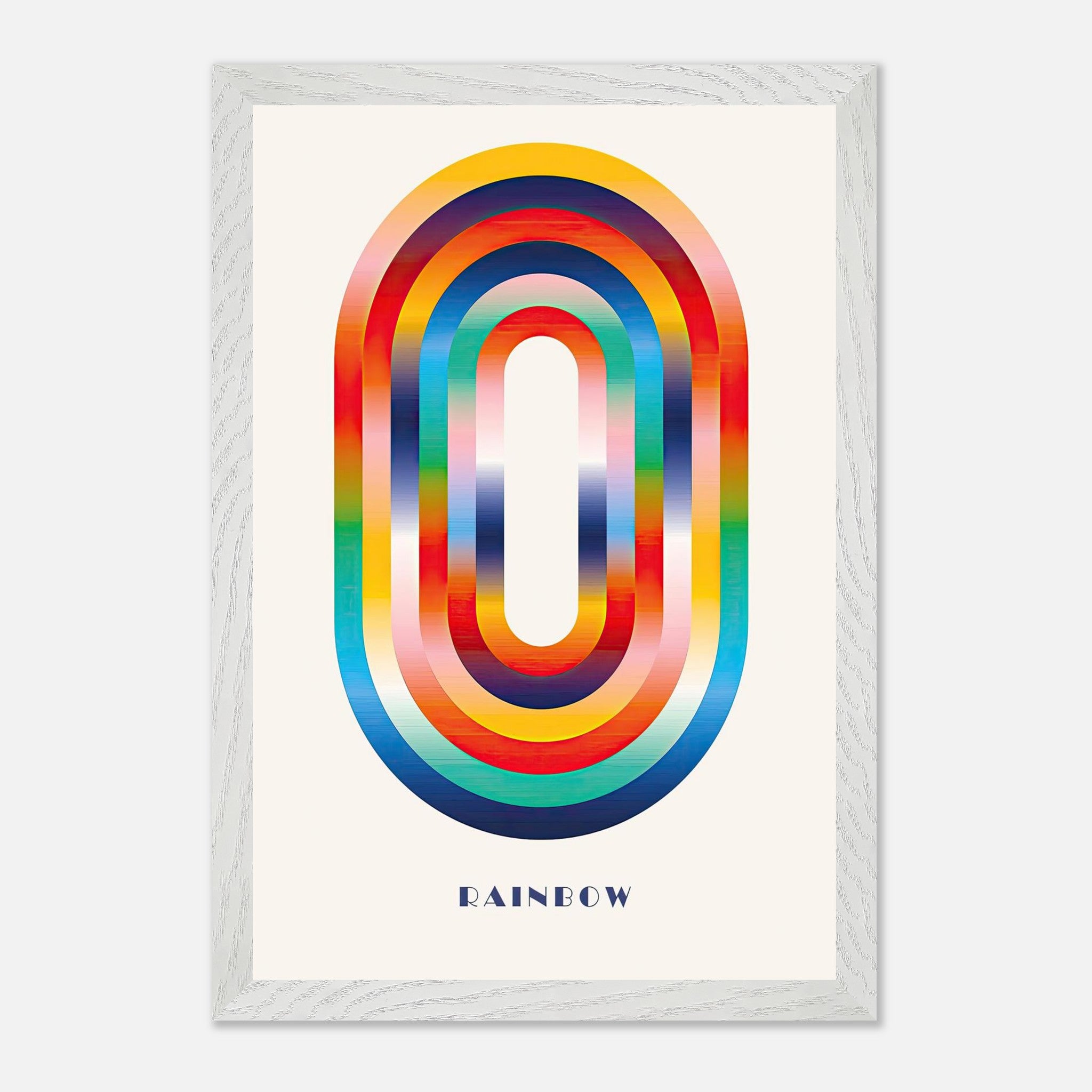 Abstract Rainbow Geometric Art featuring vibrant overlapping arcs in a bold color palette, framed for museum quality.