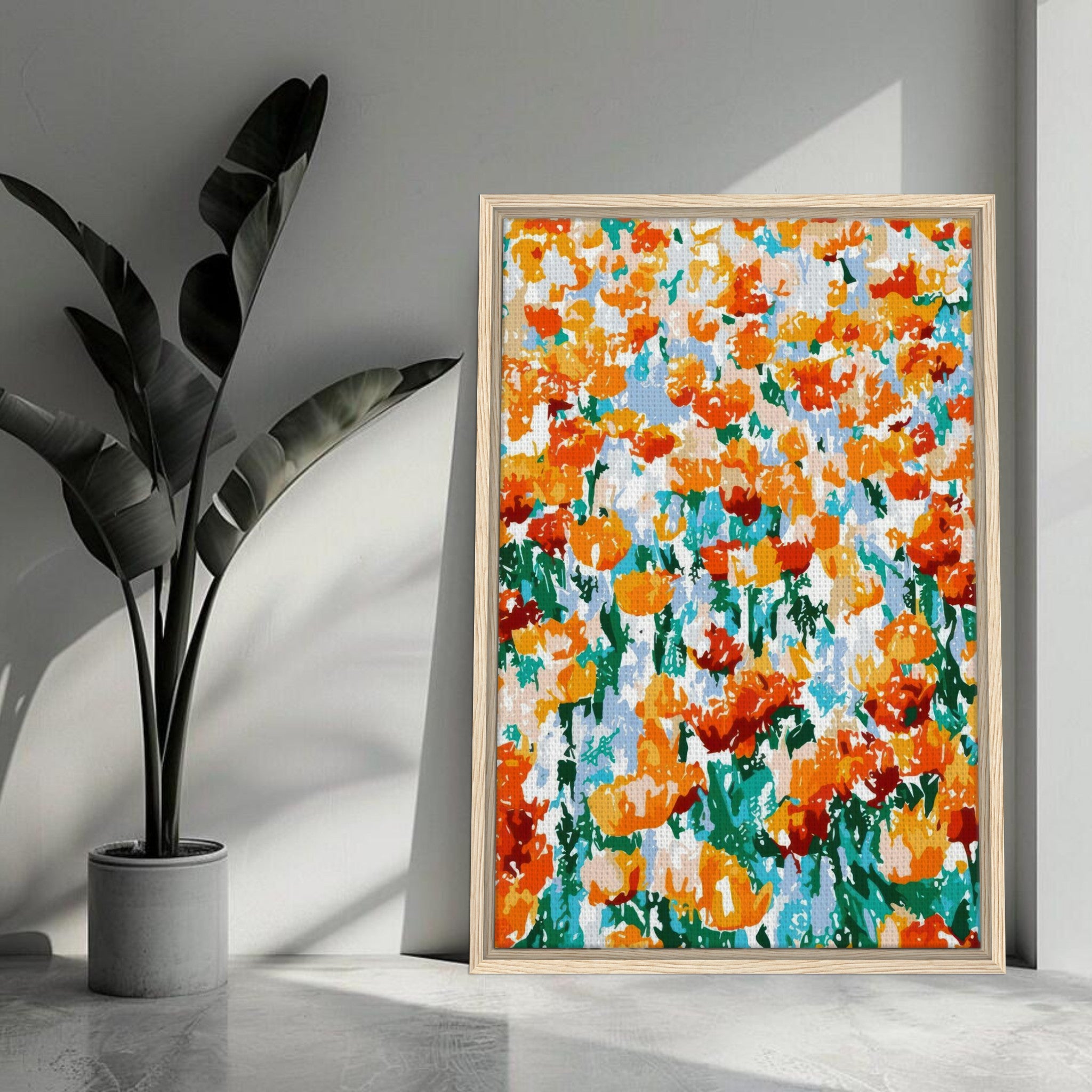 Abstract Floral Tulip Garden framed canvas print showcasing vibrant orange and green hues in a modern design.
