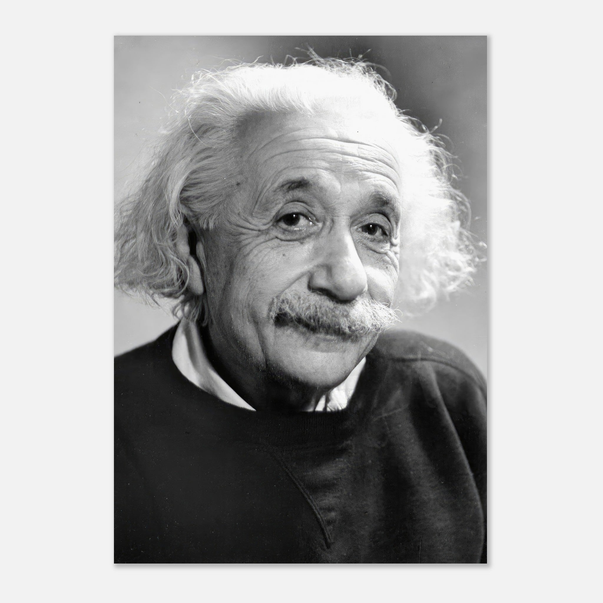 Albert Einstein 1946 poster in black-and-white showcasing the genius with wild hair and thoughtful expression.
