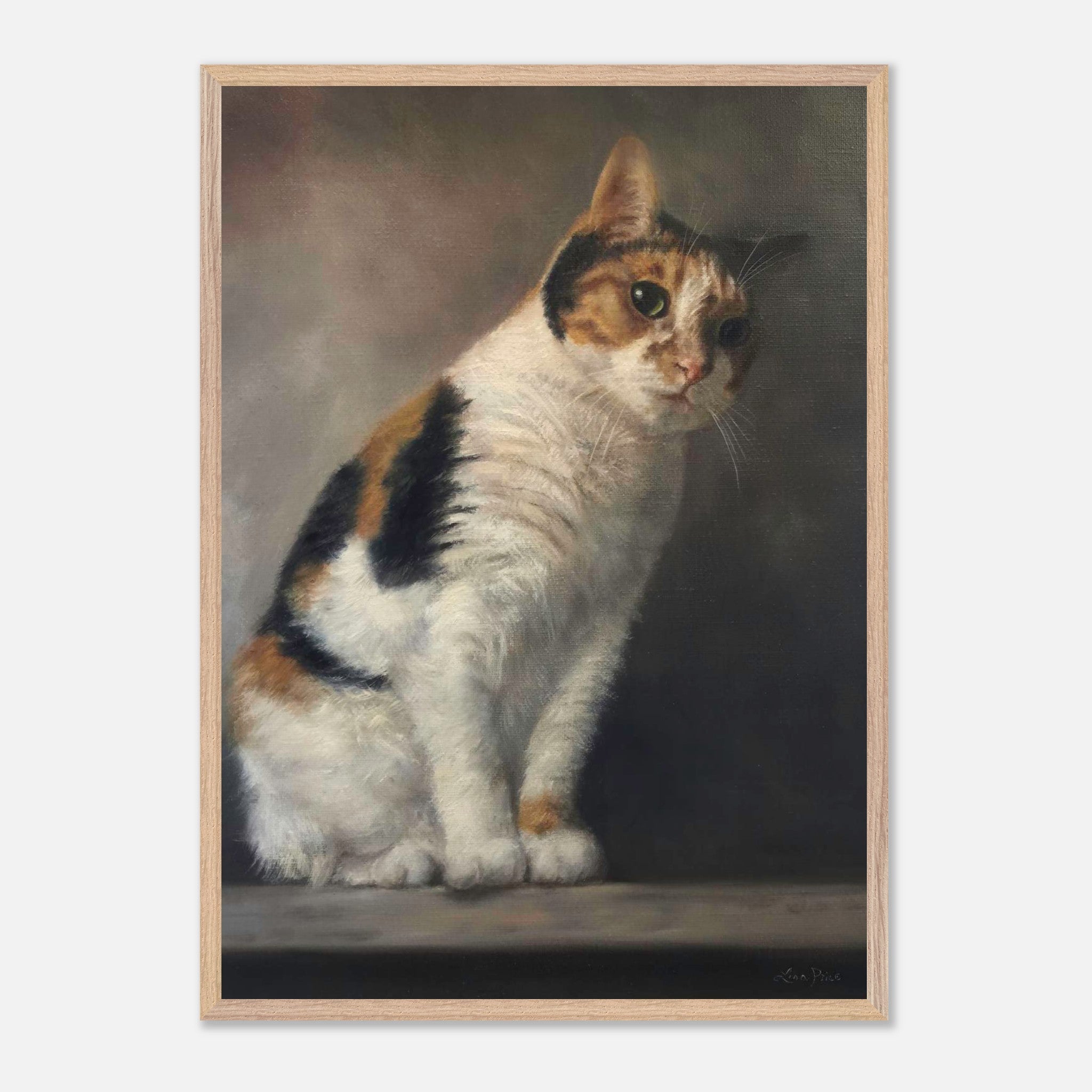 Realistic cat portrait painting showcasing a tricolor cat, highlighting fine art details and craftsmanship in museum quality.
