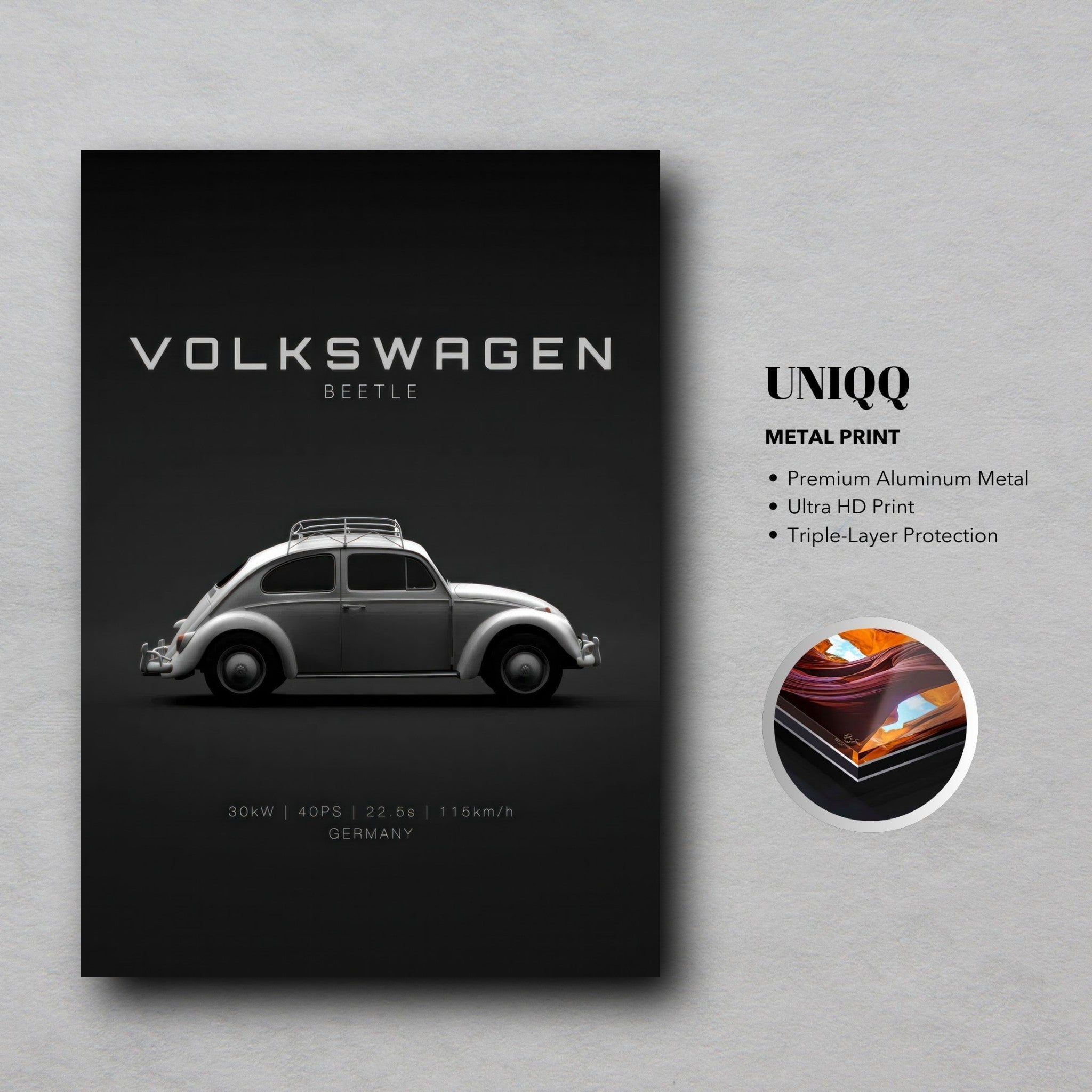 Volkswagen Beetle metal print showcasing sleek design on dark background, perfect for automotive enthusiasts.