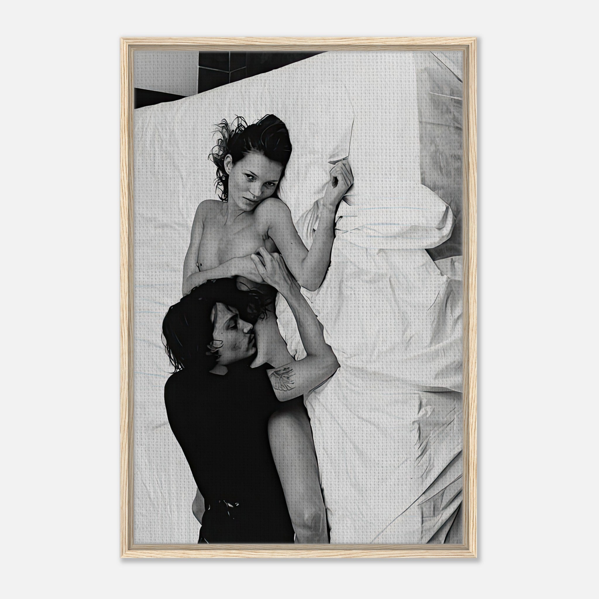 Kate Moss & Johnny Depp framed canvas print, iconic black-and-white photograph from 1994, capturing romance and allure.