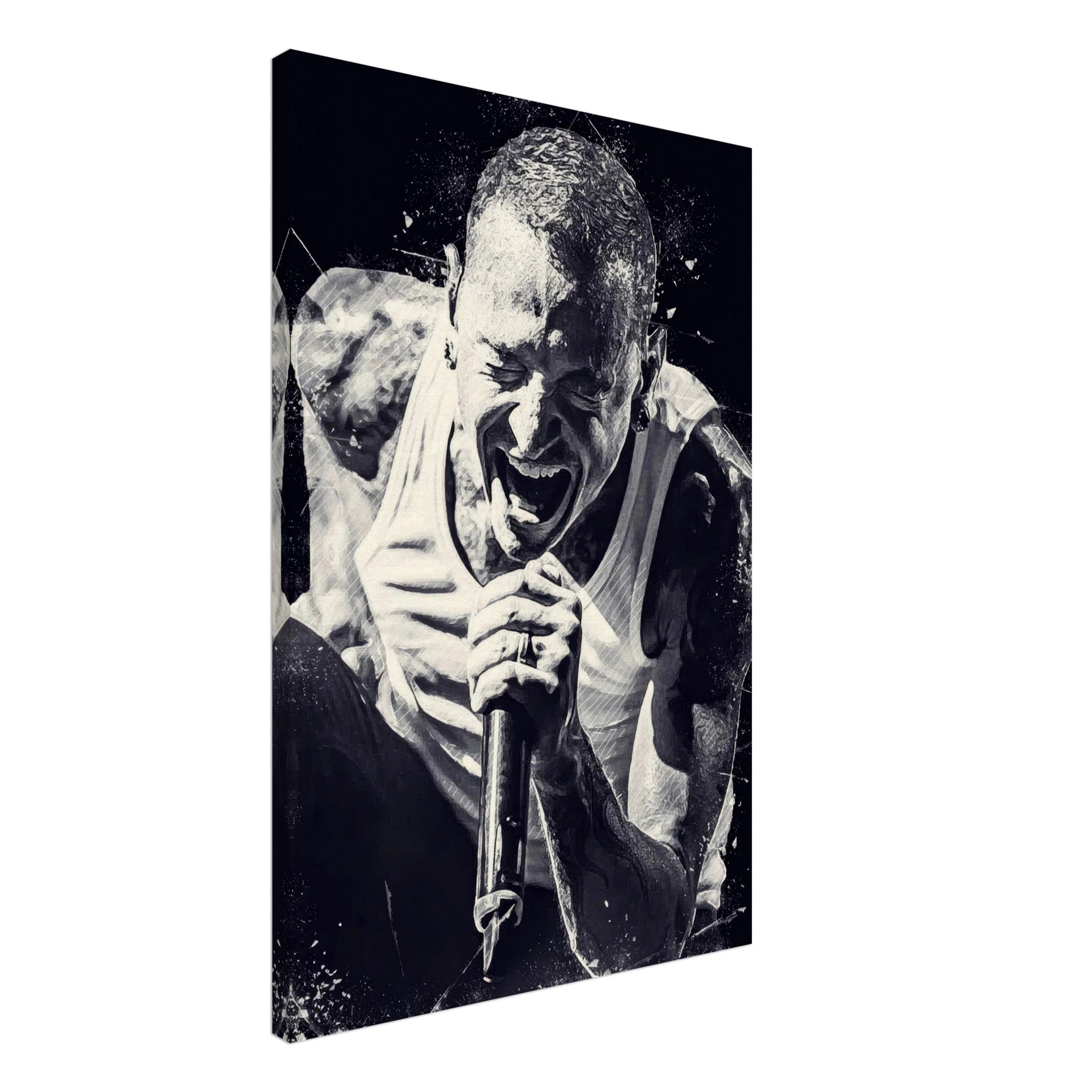 Chester Bennington canvas print capturing intense performance energy in striking black-and-white design.